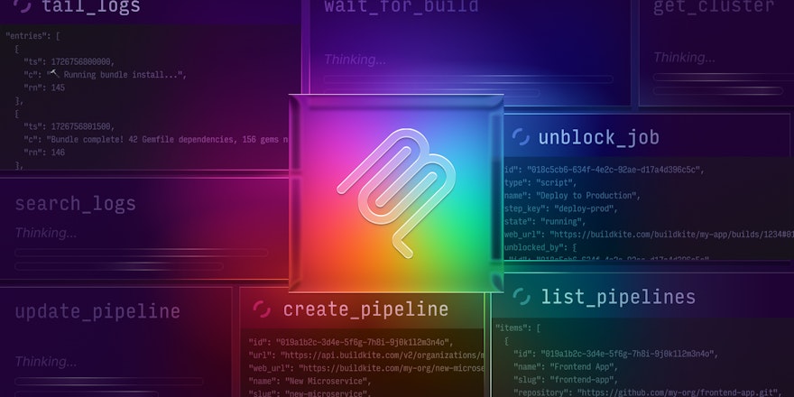 A stylized image with the Model Context Protocol (MCP) logo at the center, surrounded by the names of several tools that belong to the Buildkite MCP server