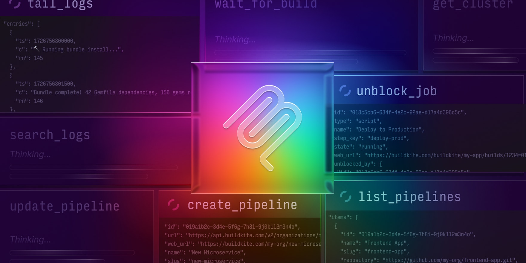 A stylized image with the Model Context Protocol (MCP) logo at the center, surrounded by the names of several tools that belong to the Buildkite MCP server