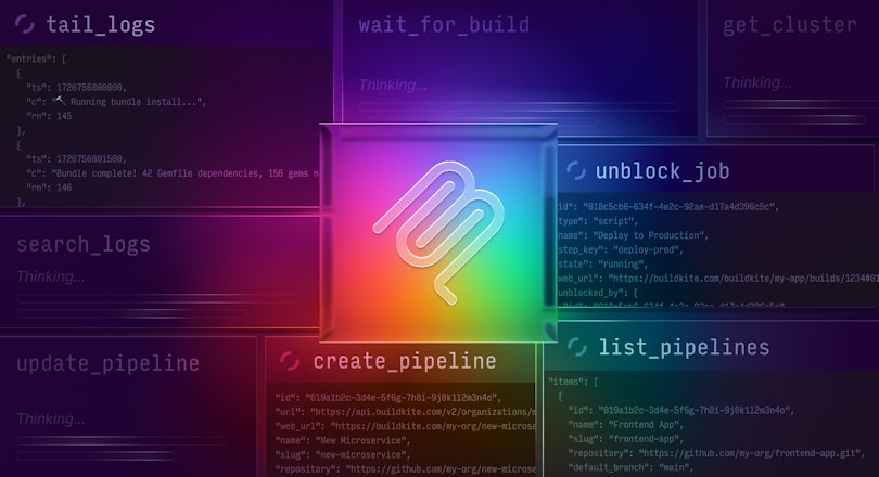 A stylized image with the Model Context Protocol (MCP) logo at the center, surrounded by the names of several tools that belong to the Buildkite MCP server