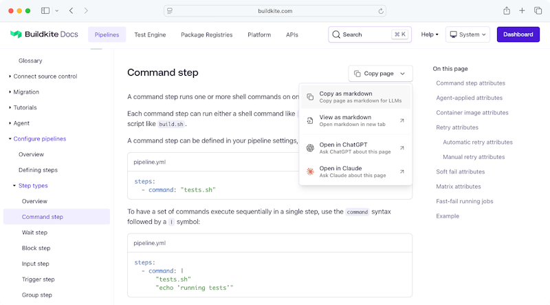 A screenshot of a Buildkite documentation page showing controls allowing the content to be copied in Markdown format or opened in third party LLMs.
