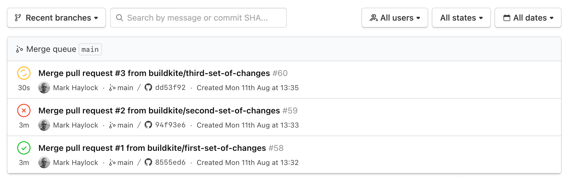 Listing merge queue builds
