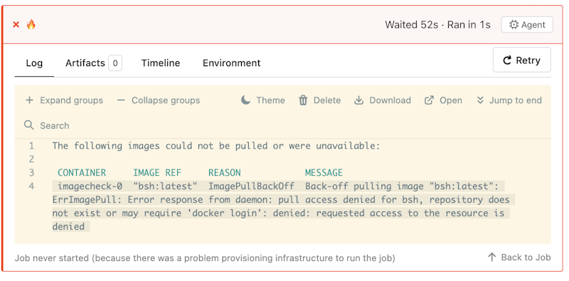 A screenshot showing an example of an image pull failure, with accompanying status message