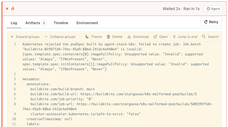 A screenshot showing an error resulting from an invalid pull policy, including the full Kubernetes pod spec