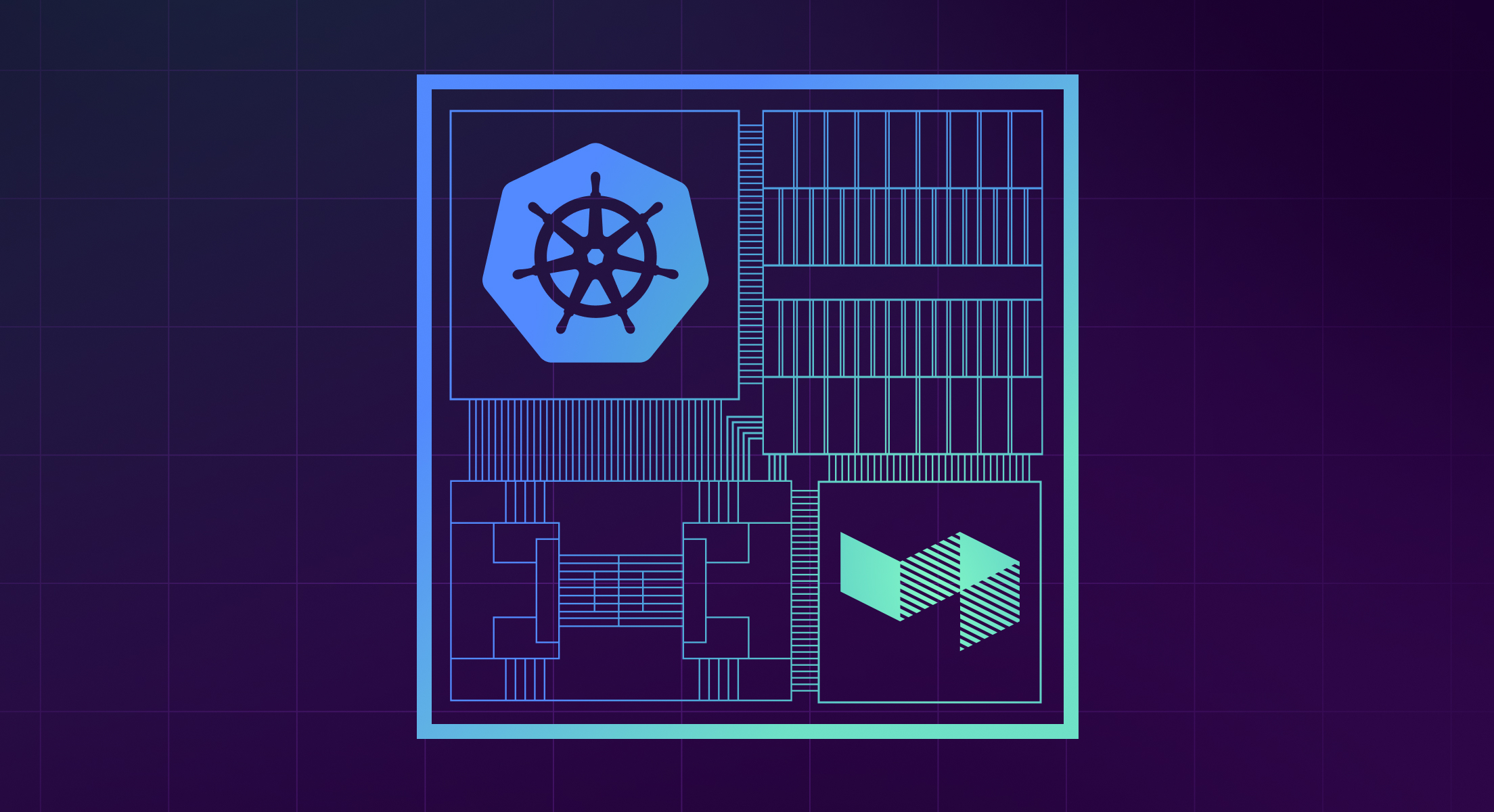 A stylized image showin the Kubernetes and Buildkite logos in an integrated motherboard-like diagram.