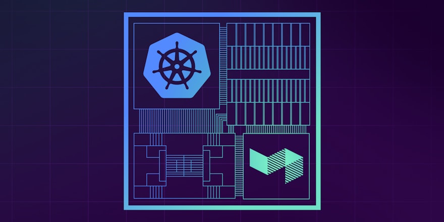 A stylized image showin the Kubernetes and Buildkite logos in an integrated motherboard-like diagram.