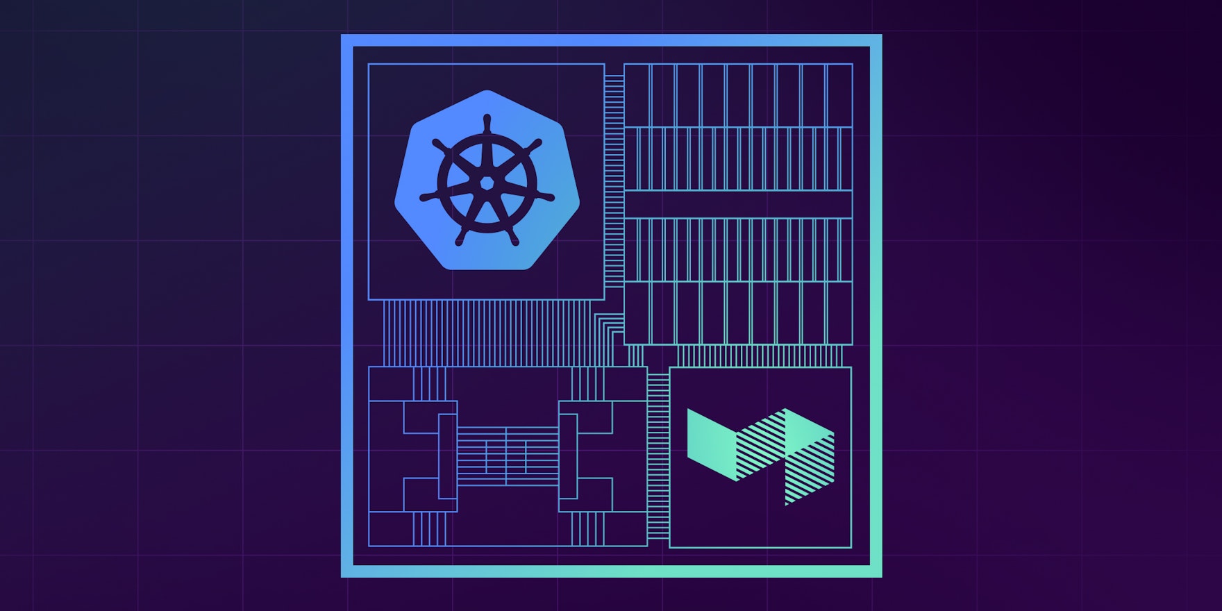 A stylized image showin the Kubernetes and Buildkite logos in an integrated motherboard-like diagram.