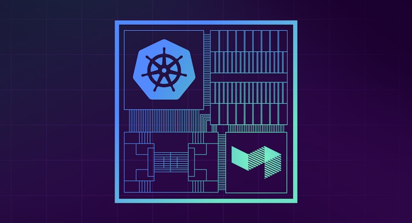 A stylized image showin the Kubernetes and Buildkite logos in an integrated motherboard-like diagram.