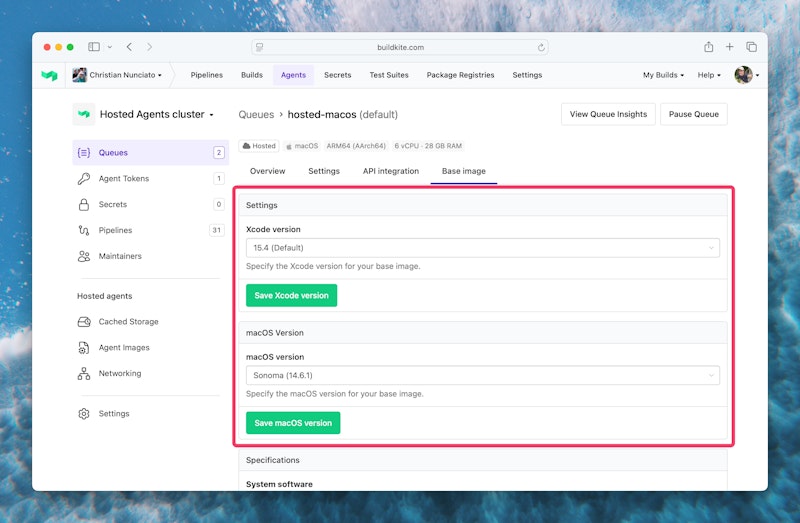 A screenshot showing the Base Image tab of a macOS hosted agents cluster