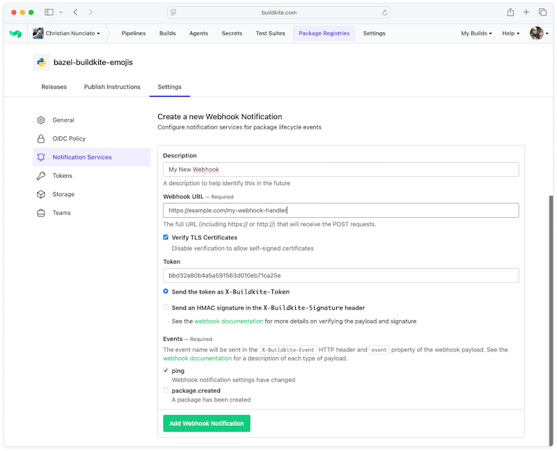 A screenshot of the Buildkite dashboard showing the New Webhook Notification page