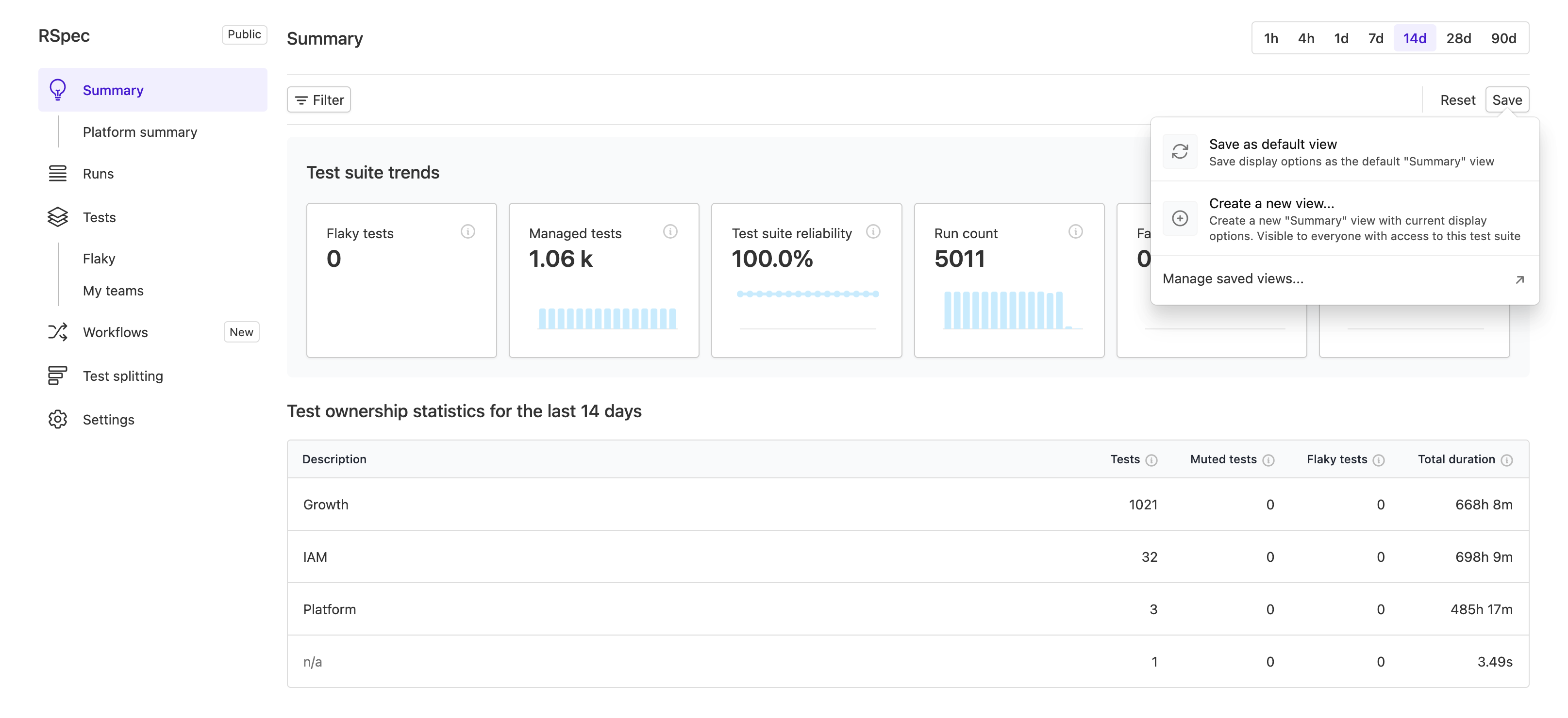 Screenshot of saving filters on suite summary