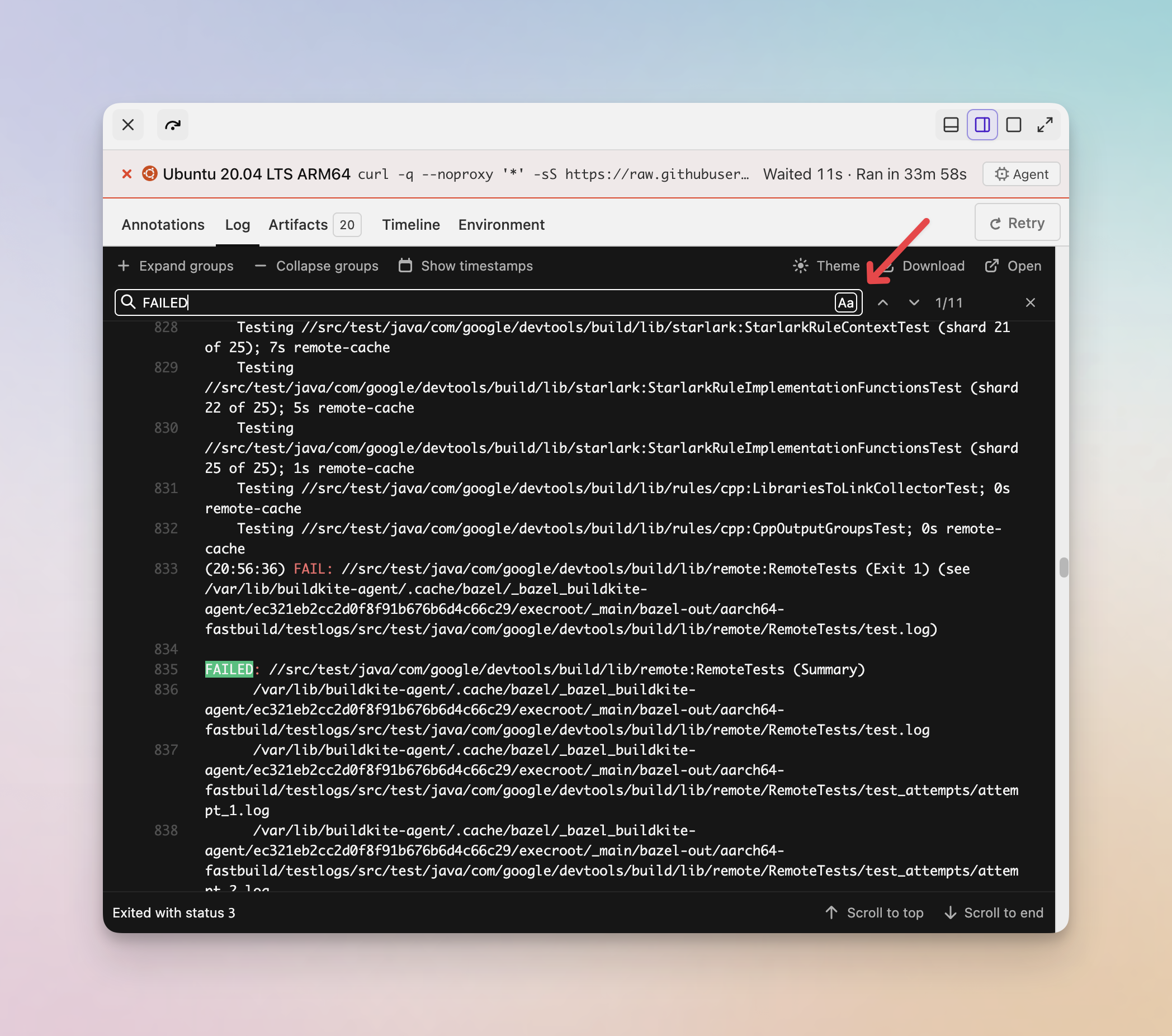 Case-sensitive search toggle in the log search bar