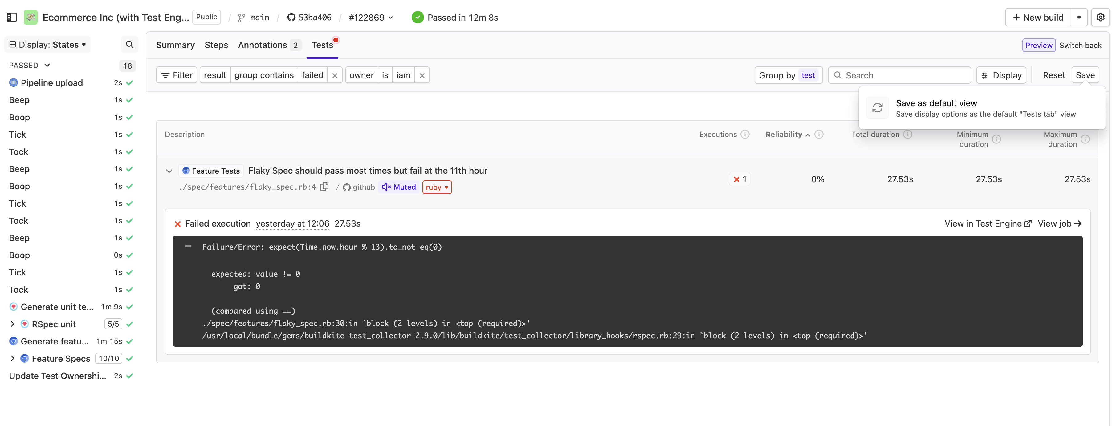 Screenshot of saving filters on the Tests tab