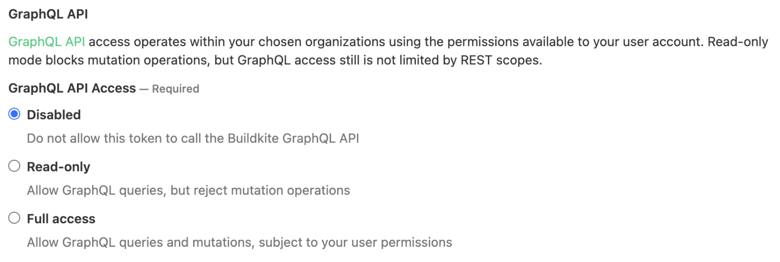 GraphQL access mode options for API tokens