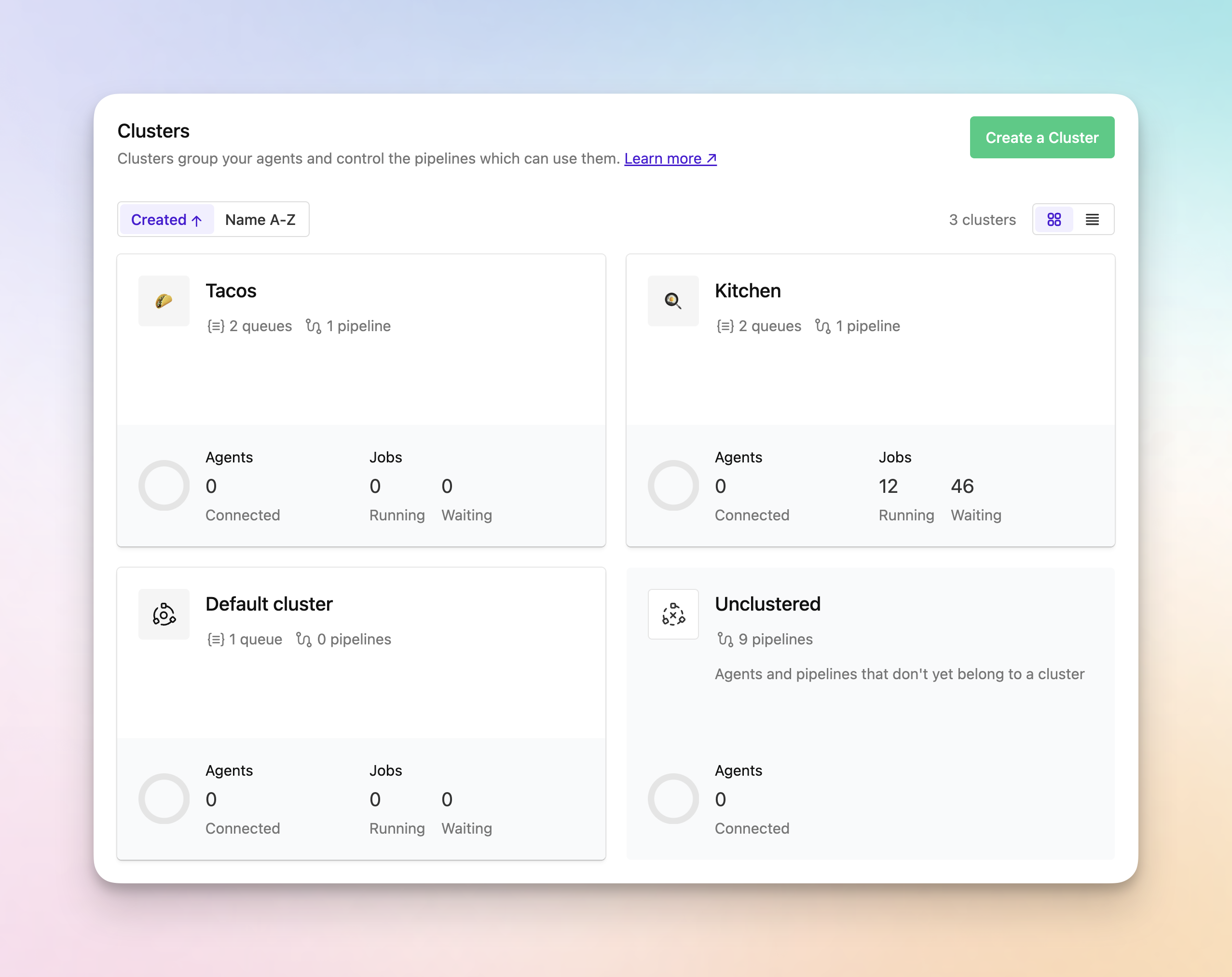 Clusters page in card view