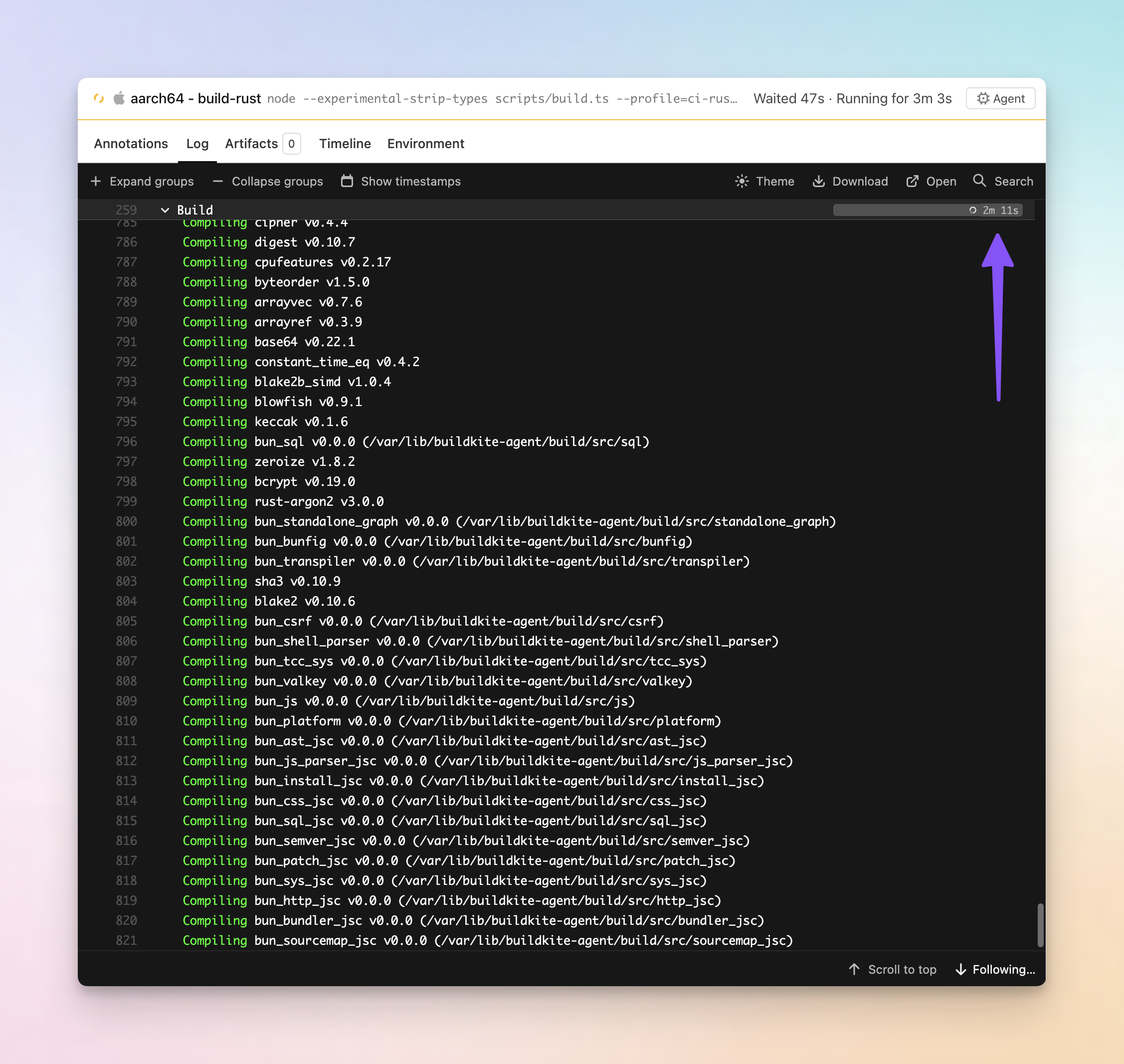 Live durations and sticky headers in the job log