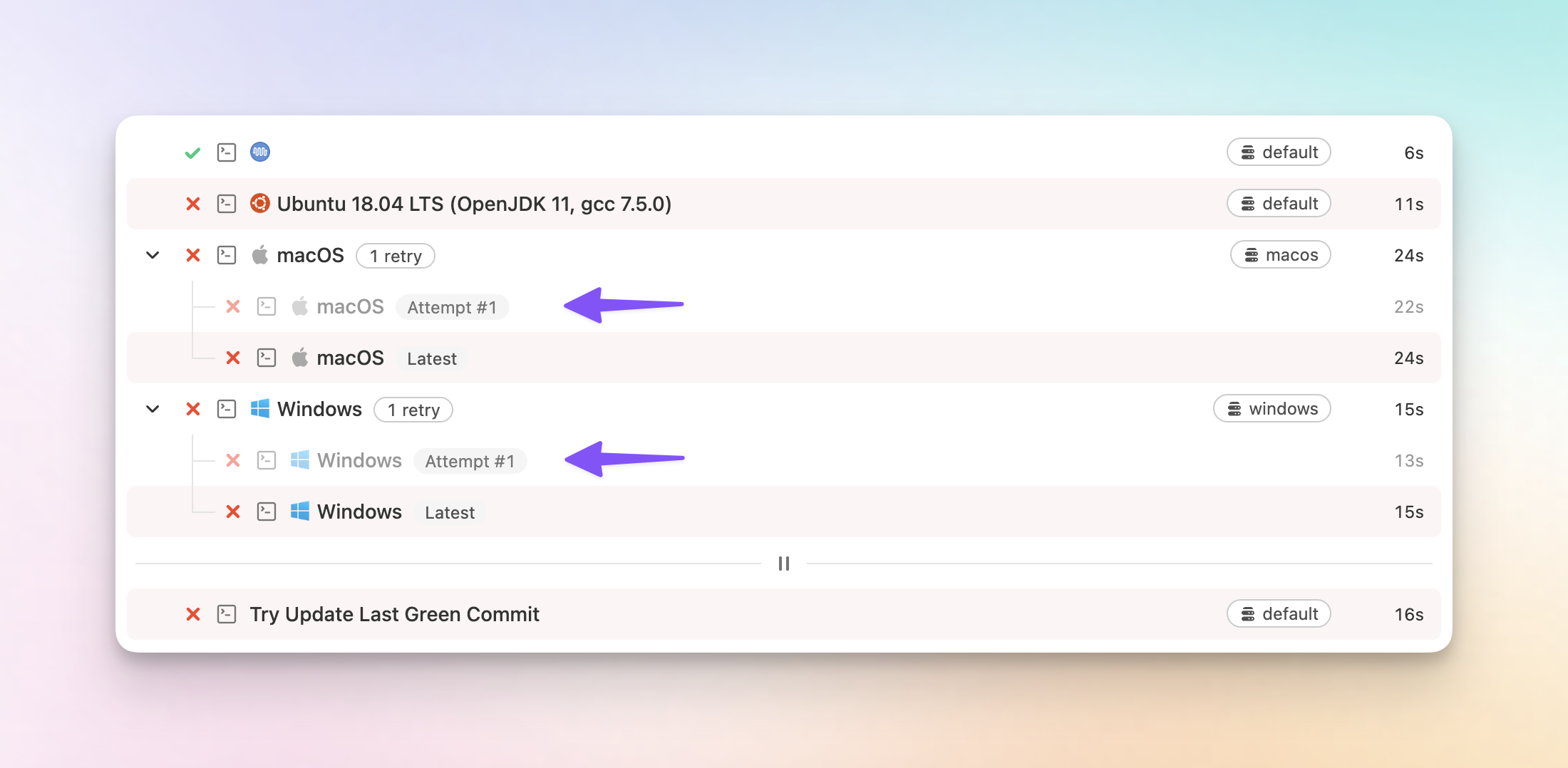 Previous job attempts expanded in the build list