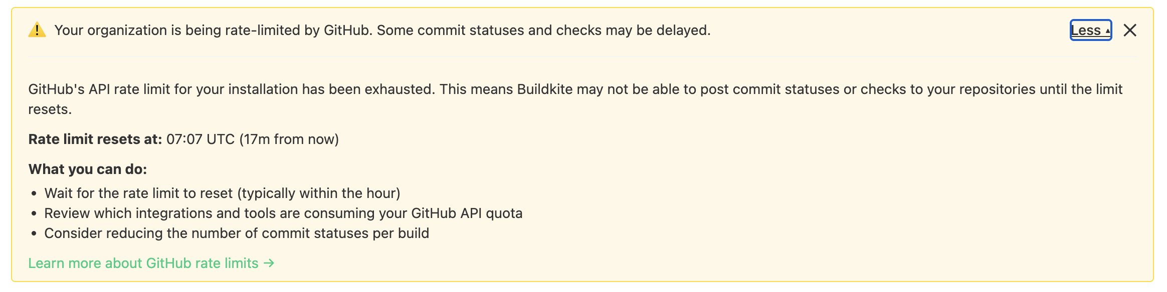 See when GitHub rate limits delay CI status updates preview