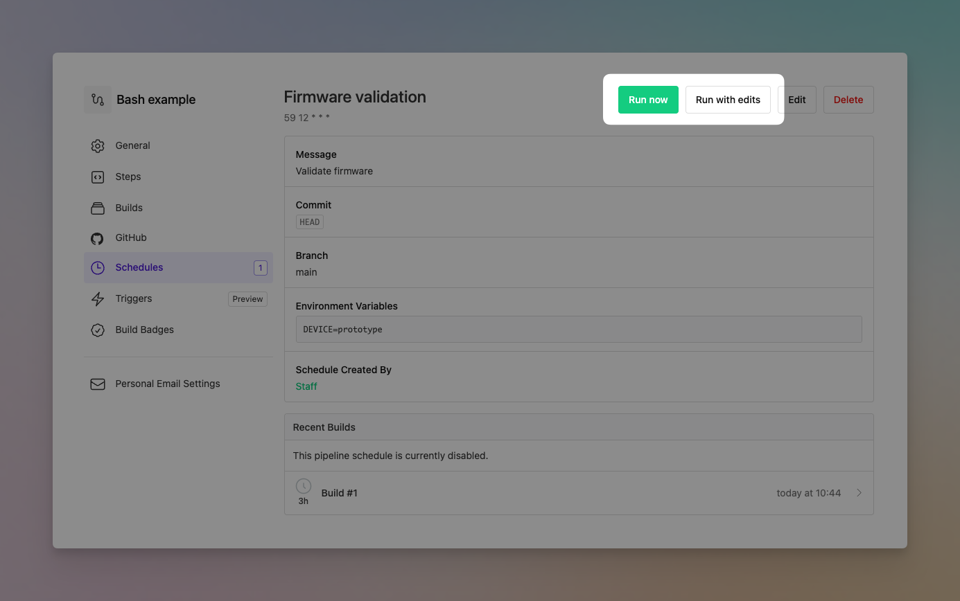 Run now and Run with edits side by side on a pipeline schedule page