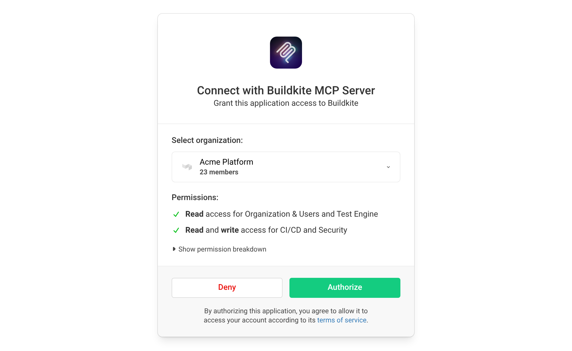 The Remote MCP Server authorization page with an organization preselected