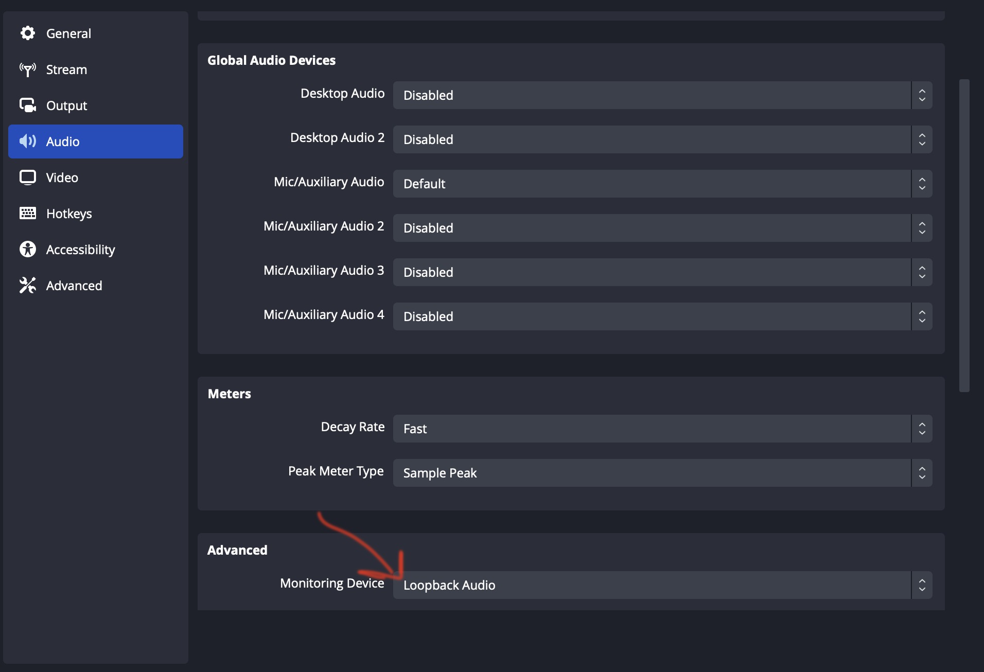 OBS monitoring settings