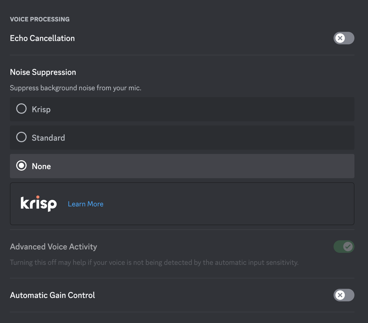 Discord voice processing settings