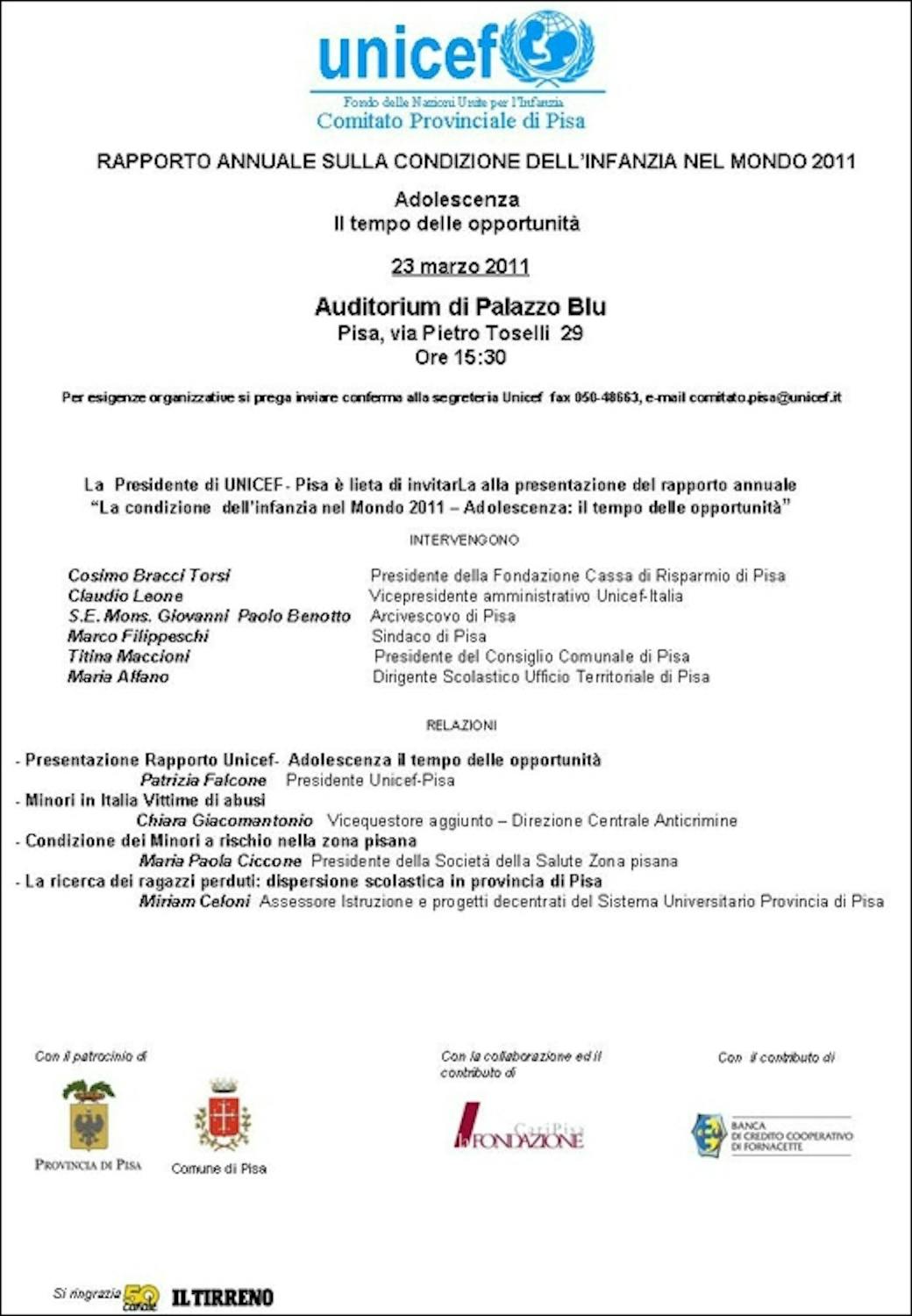 A Pisa la presentazione del rapporto UNICEF 2011