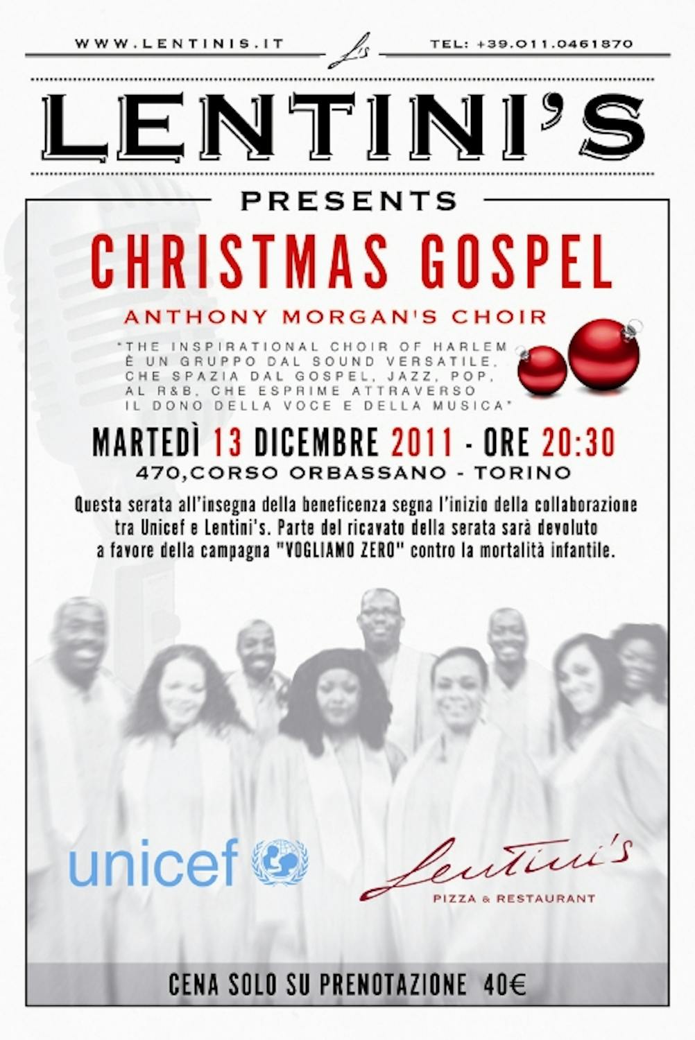 Lentini's per UNICEF, cena con coro Gospel a Torino