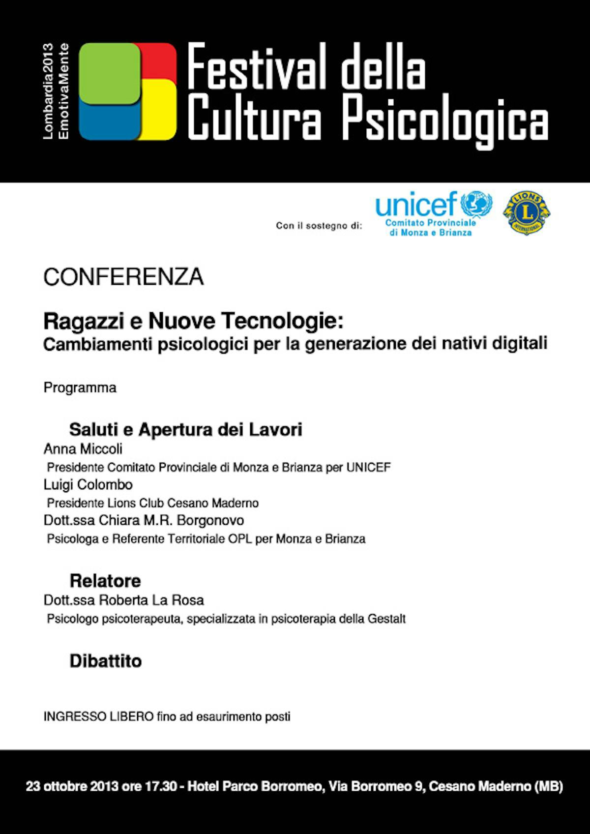 A Monza il Festival della Cultura Psicologica si apre con l'UNICEF 