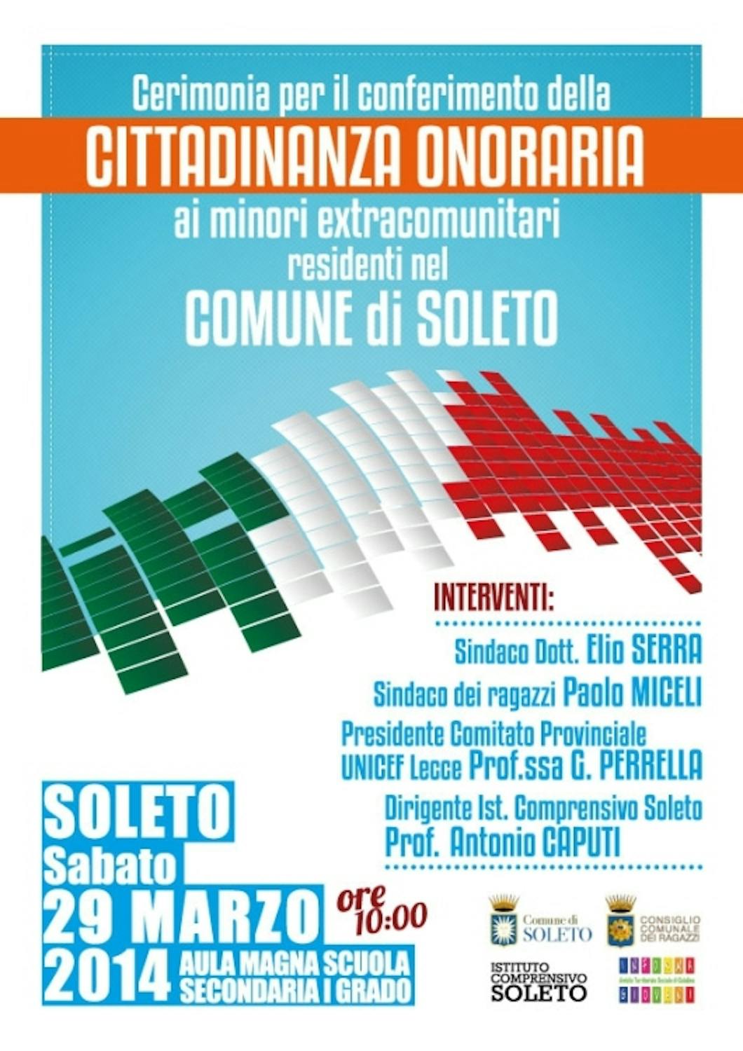 Soleto: consegna della cittadinanza onoraria ai minori di origine straniera