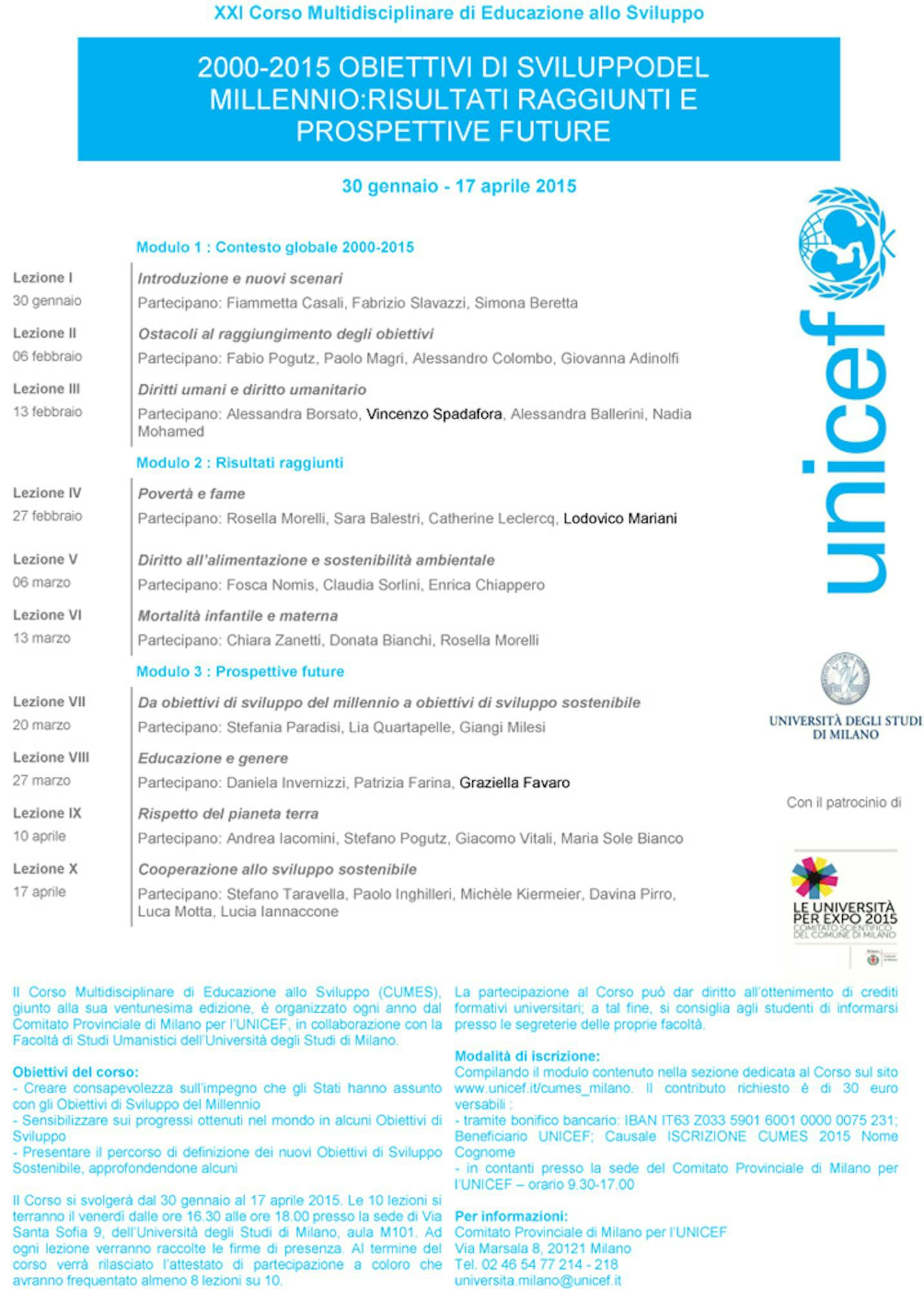 Al via il Corso Multidisciplinare UNICEF 2015 all’Università di Milano