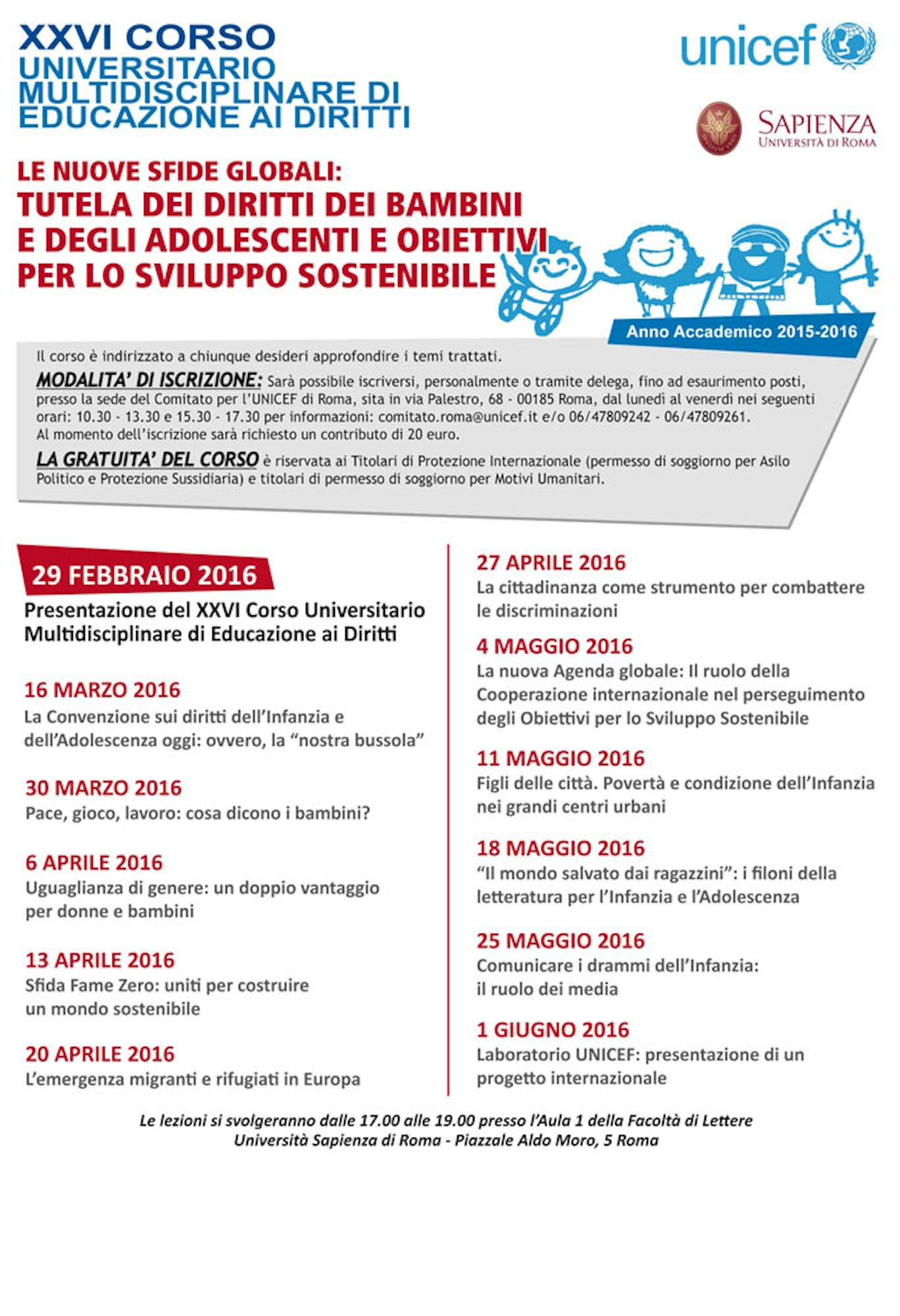 Al via il corso UNICEF 2016 all'Università di Roma 