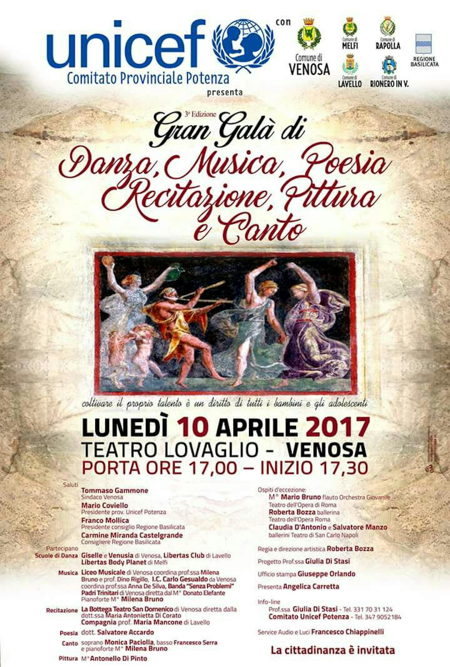 A Venosa il 3° Gran Galà di Danza, Musica, Poesia, Recitazione, Pittura e Canto per l'UNICEF