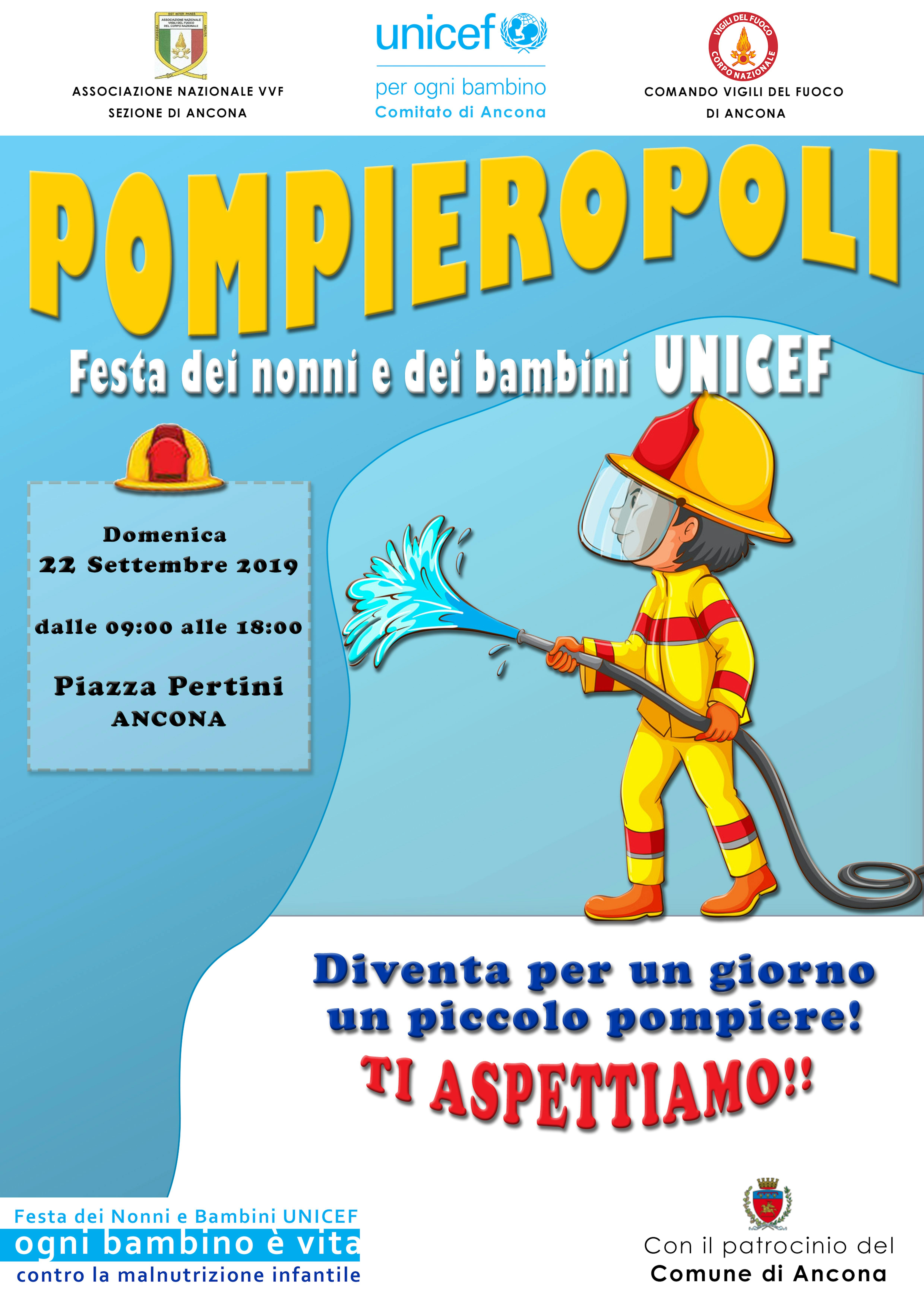 Ad Ancona la Festa UNICEF dei Nonni e Bambini si apre insieme ai Vigili del Fuoco con Pompieropoli 