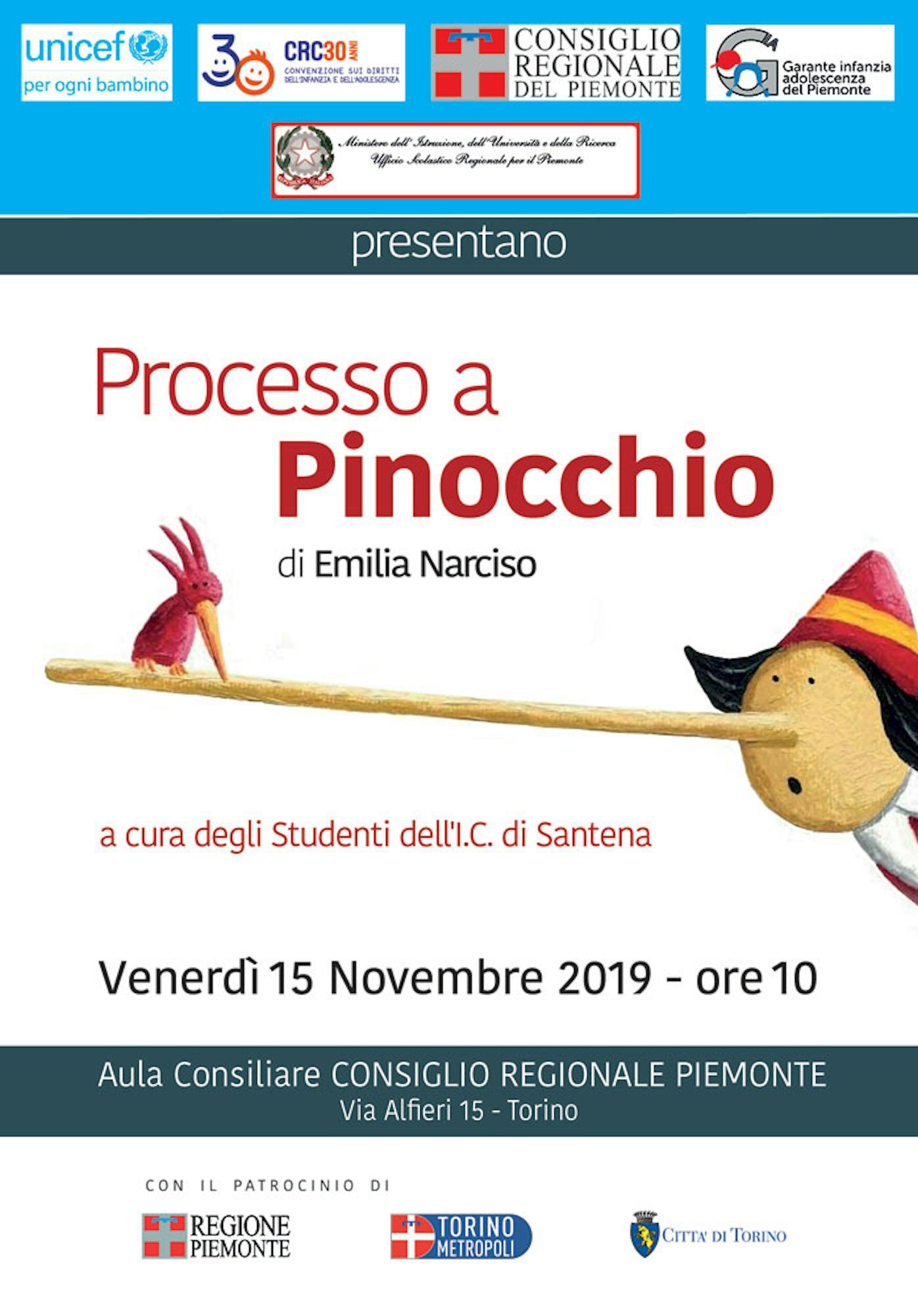 Processo a Pinocchio nell'Aula del Consiglio Regionale Piemonte a Torino per celebrare i diritti dei bambini