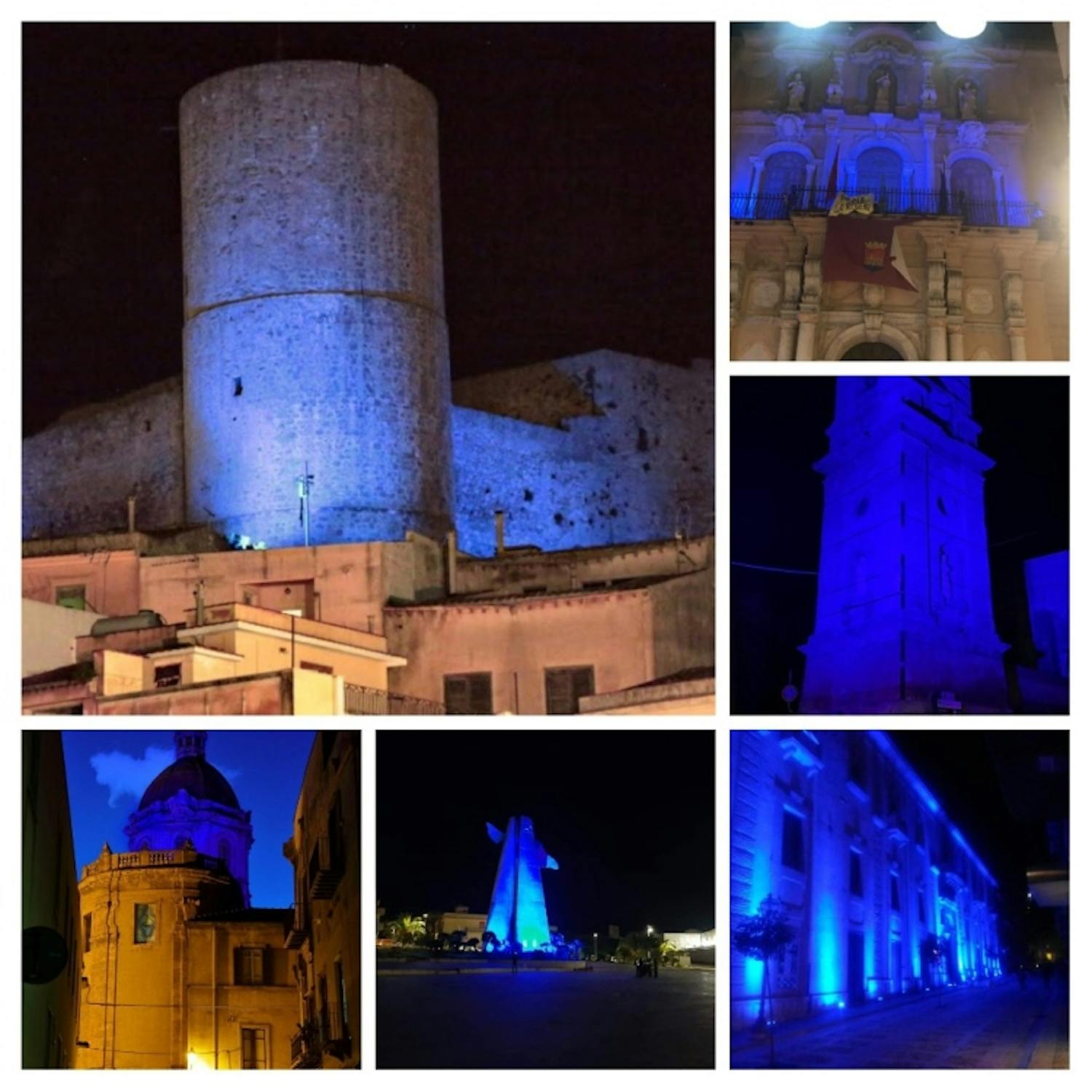 Collage dei monumenti illuminati di blu nella provincia di Trapani