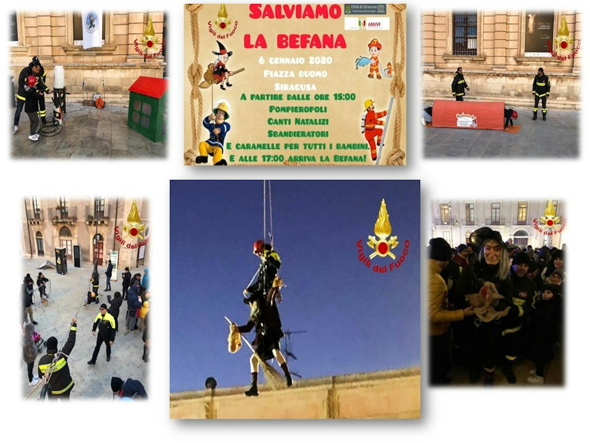 A Siracusa “Salviamo la Befana” in piazza Duomo con i Vigili del Fuoco e la loro “Pompieropoli”

