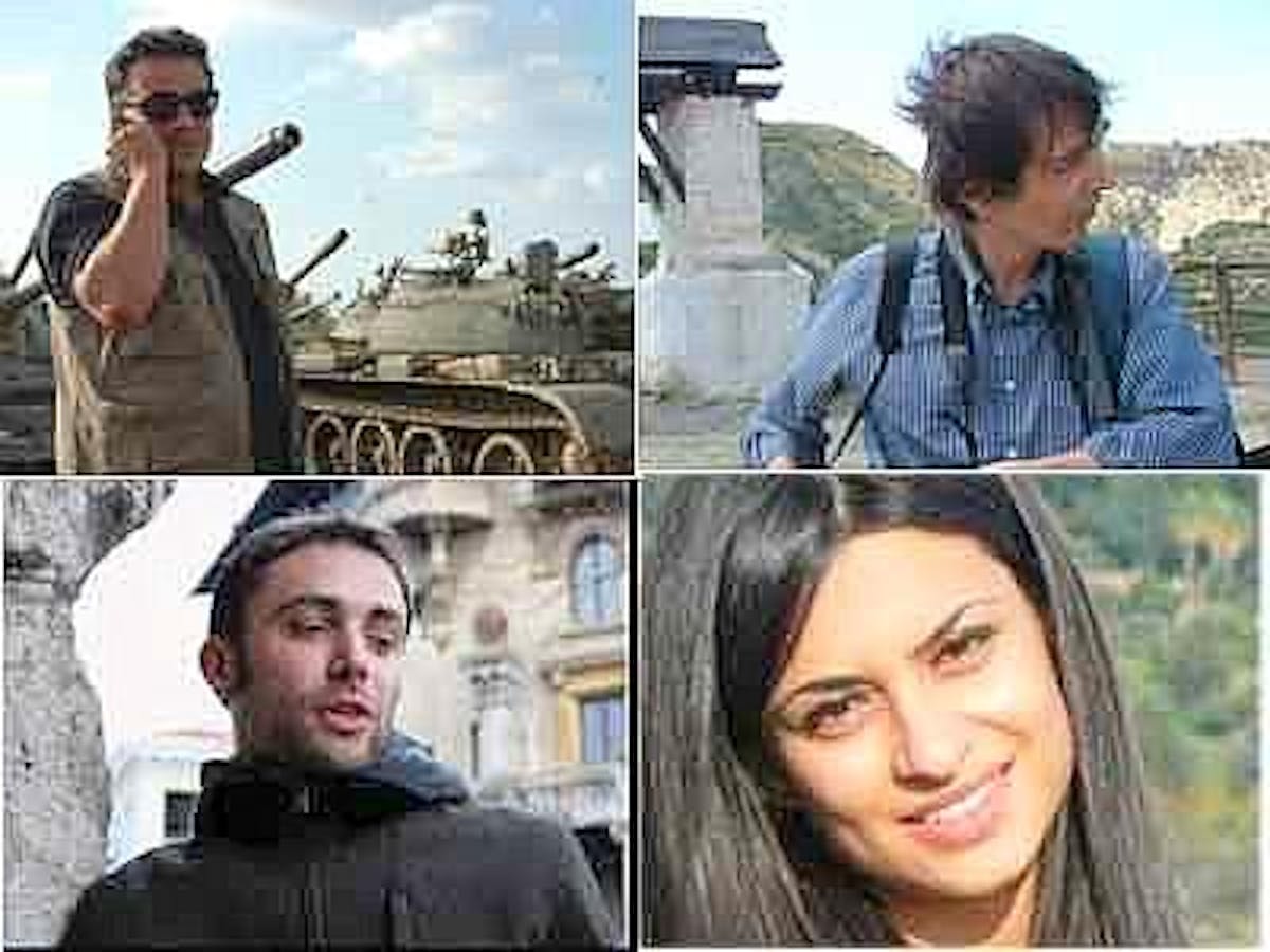 I giornalisti italiani rilasciati in Siria. Da sin.: Amedeo Ricucci, Elio Colavolpe, Andrea Vignali e Susan Dabbous