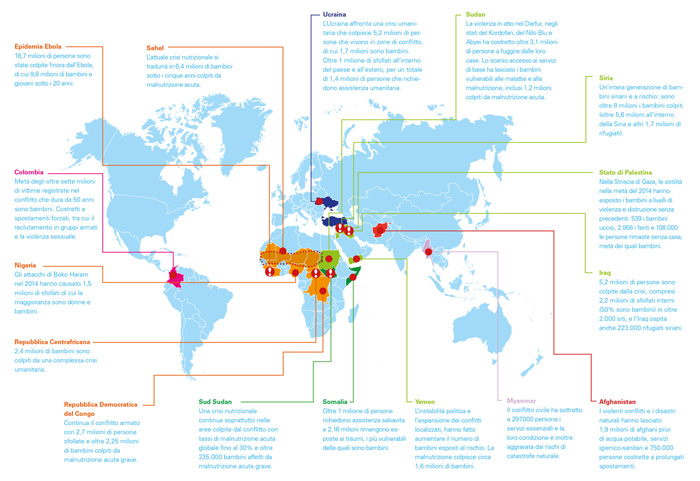 La mappa delle principali crisi umanitarie in cui l'UNICEF prevede di intervenire nel corso del 2015