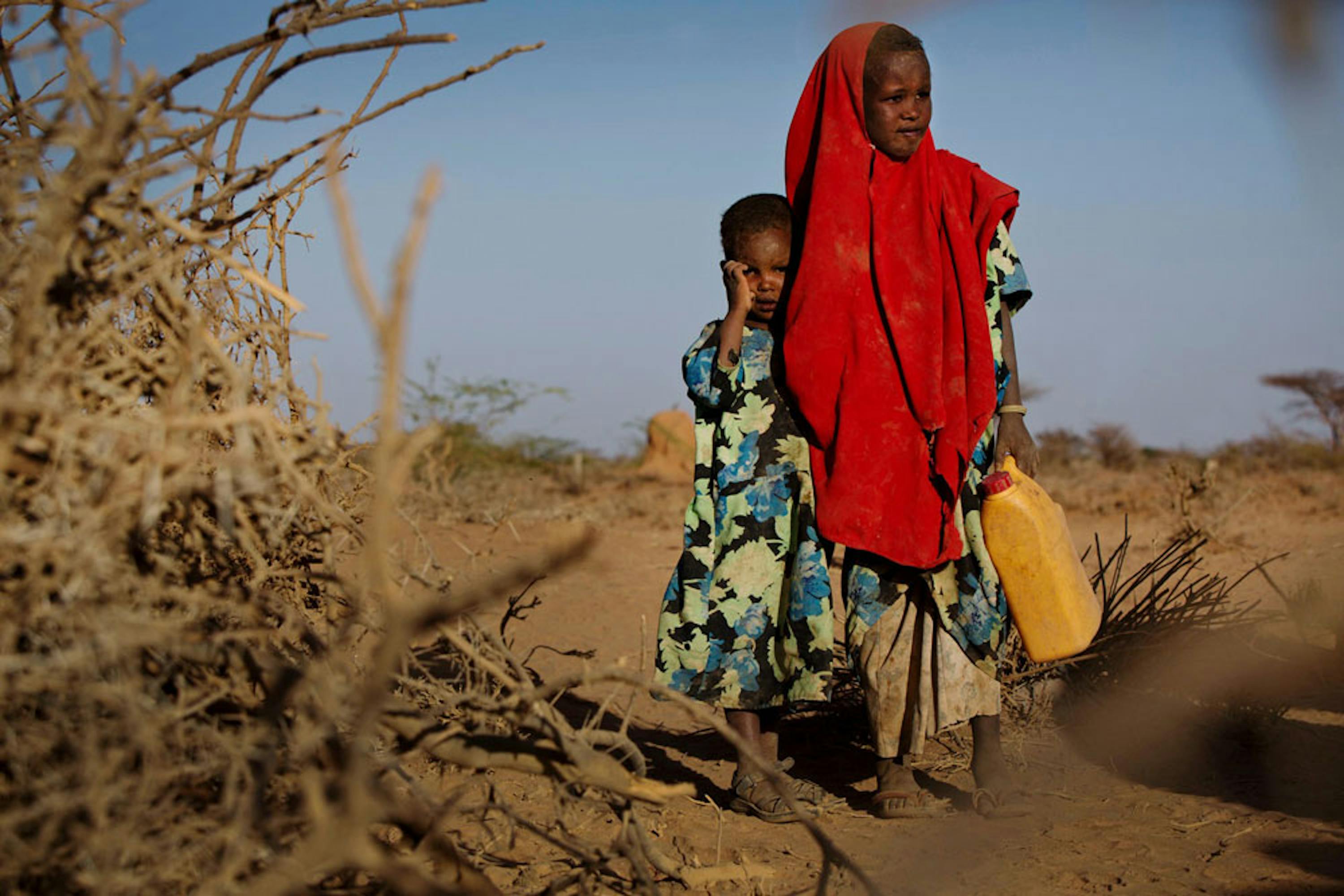 Tirig (6 anni) e la sorellina Saua vanno alla ricerca di acqua. La siccità ha ucciso il gregge su cui si basava il sostentamento della loro famiglia. Foto scattata alcuni giorni fa a Barao (Somalia) - ©UNICEF/UN057354/Holt