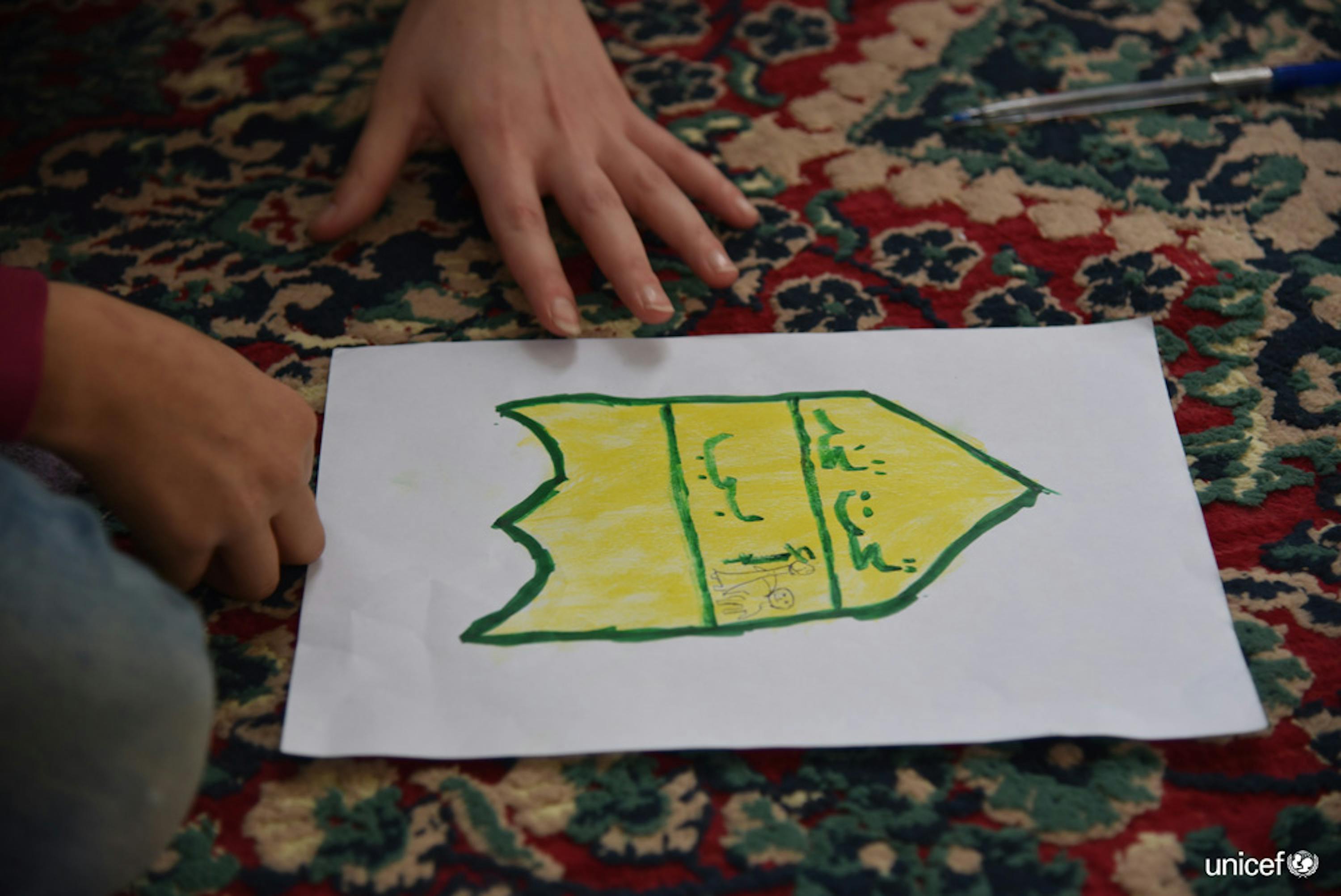 Un disegno di una bomba fatto da un bambino siriano di Aleppo© UNICEF/UN0287075/Grove Hermansen