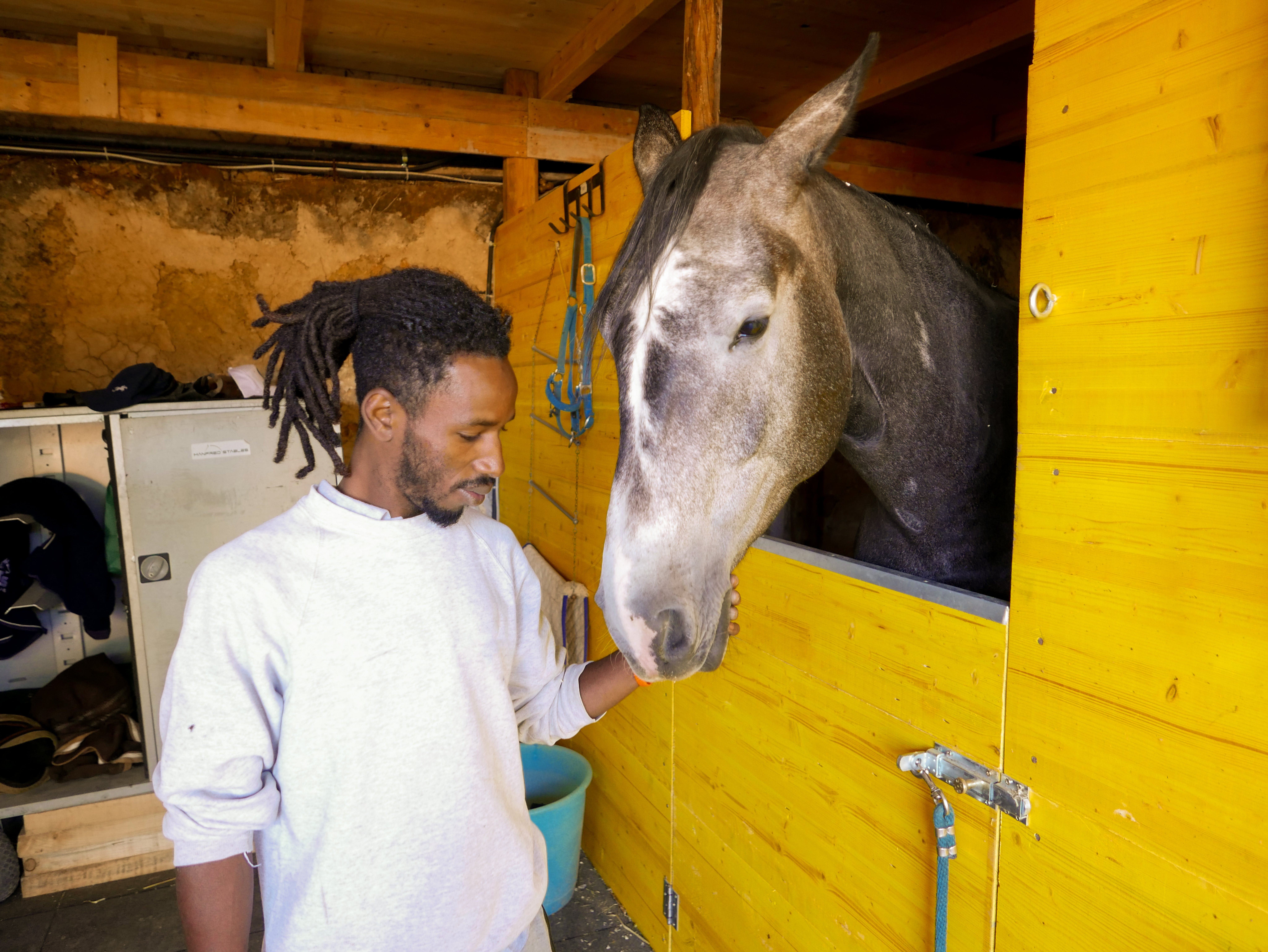 Modou, giovane rifugiato del Gambia, sorride accarezzando uno dei cavalli del maneggio