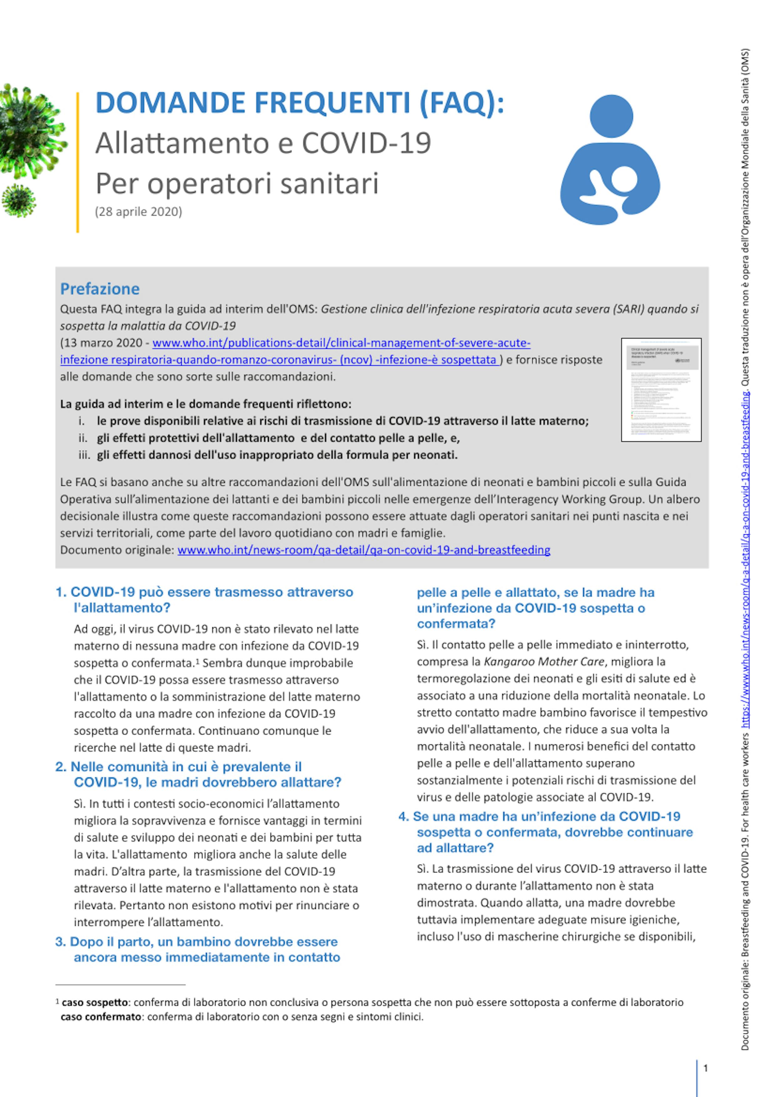 Faq allattamento e Covid19 per operatori sanitari