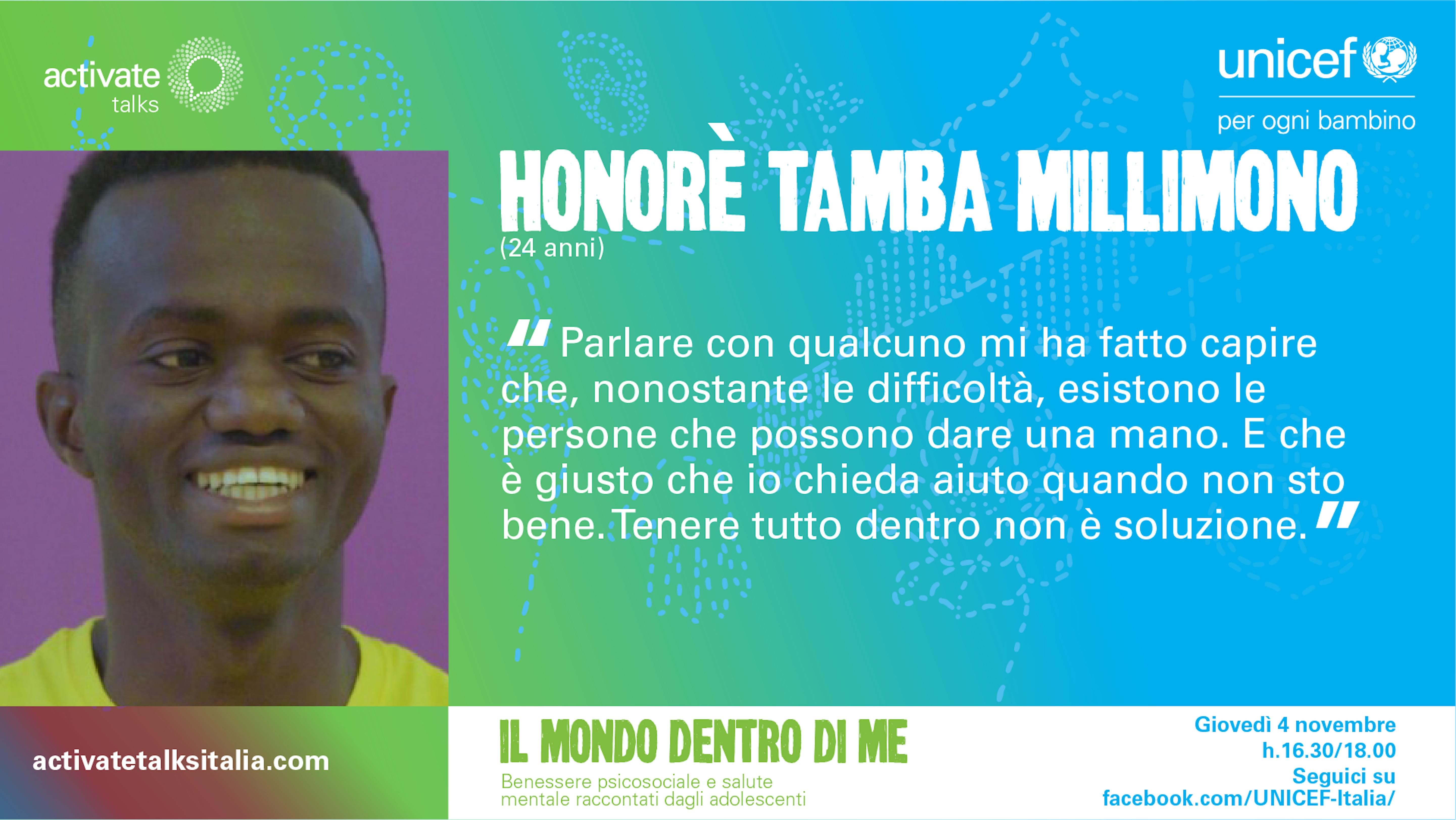 Honorè Tamba Millimono durante l'activate talk su Salute Mentale