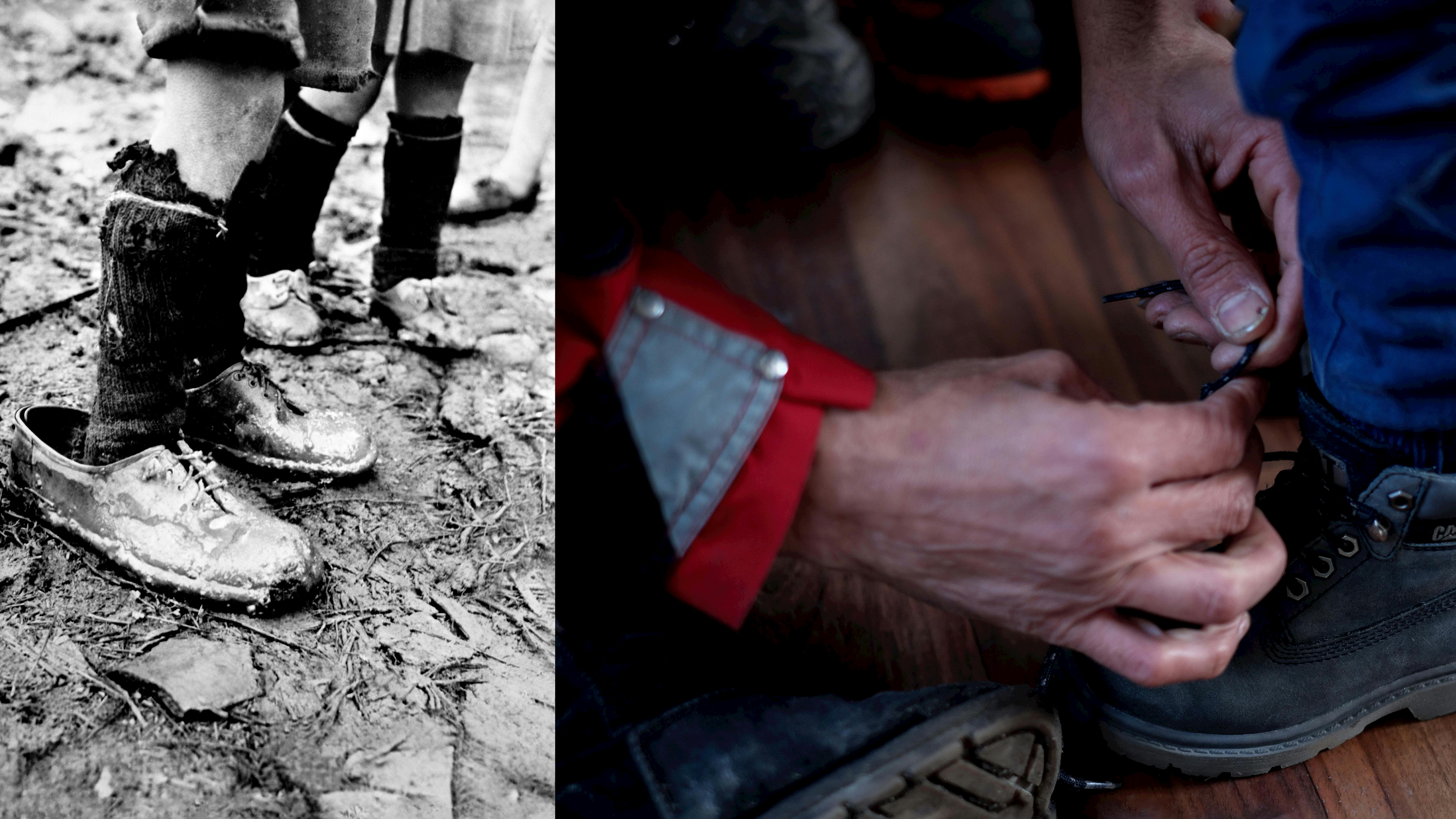 In Grecia intorno al 1950, un ragazzo indossa scarpe da uomo  di una taglia troppo grande Nel 2015 a Gevgelija, Jamal Majati allaccia i lacci delle scarpe di suo figlio Basher