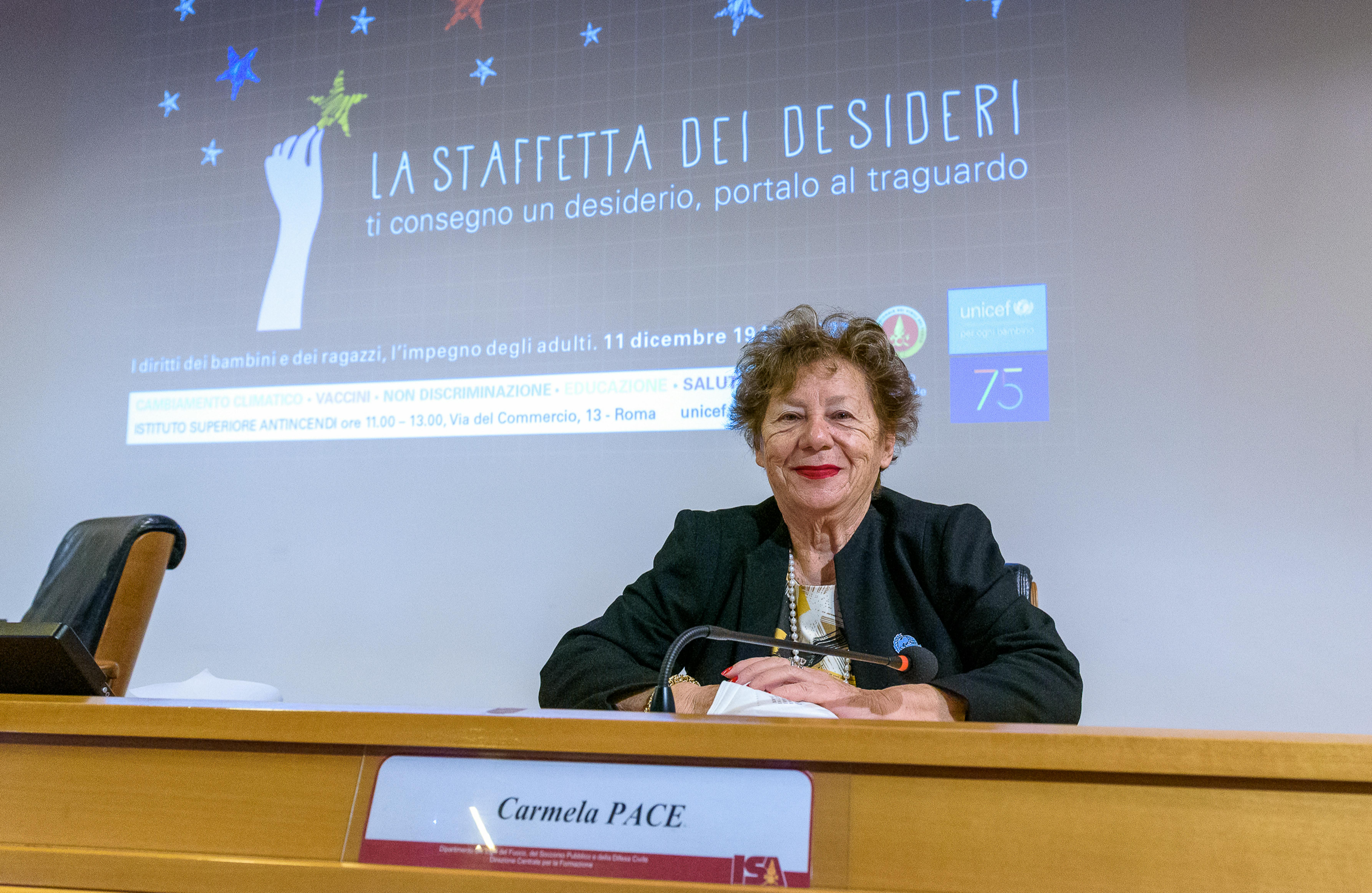 Carmela Pace, Presidente dell'UNICEF Italia, durante l'evento Staffetta dei Diritti