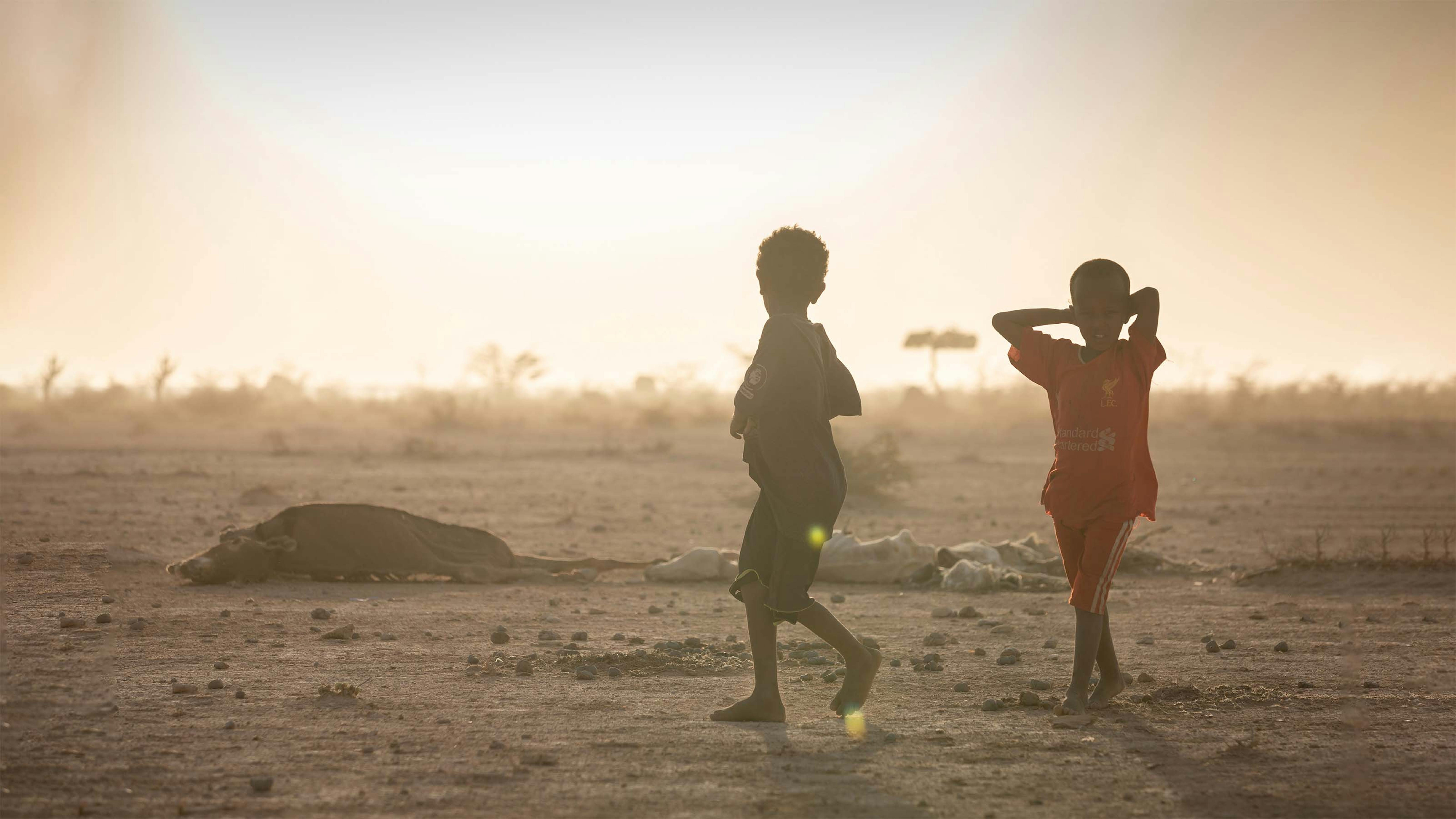 Etiopia, due ragazzi svicino a un animale morto nel  villaggio di Gabi'as, una delle zone più colpite dalla siccità