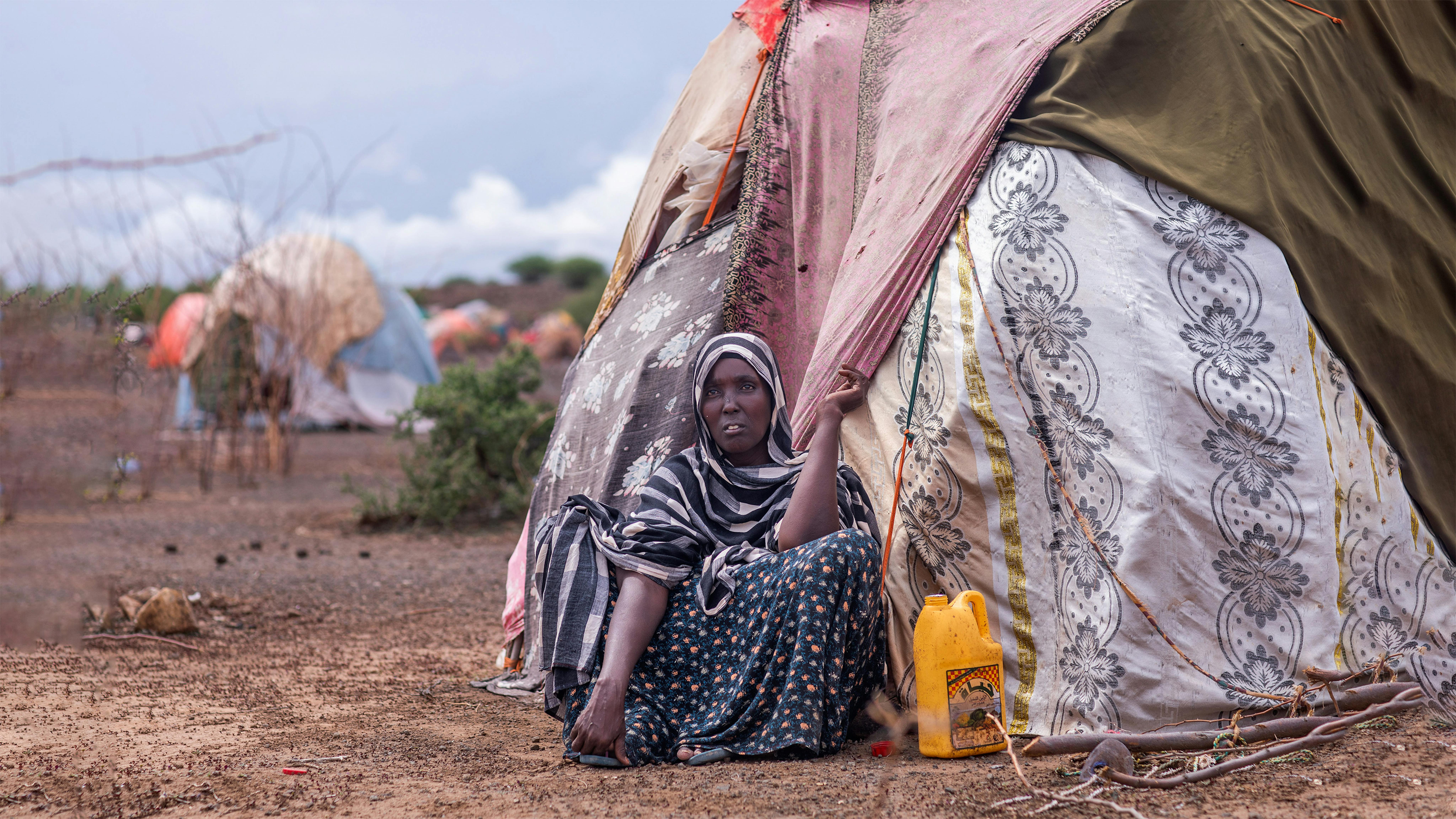 Faduma Sahl Dahir, madre di 7 figli, fuori dall'accampamento per rifugiati di Higlo  Ha perso 70 capre a causa della recente siccità.