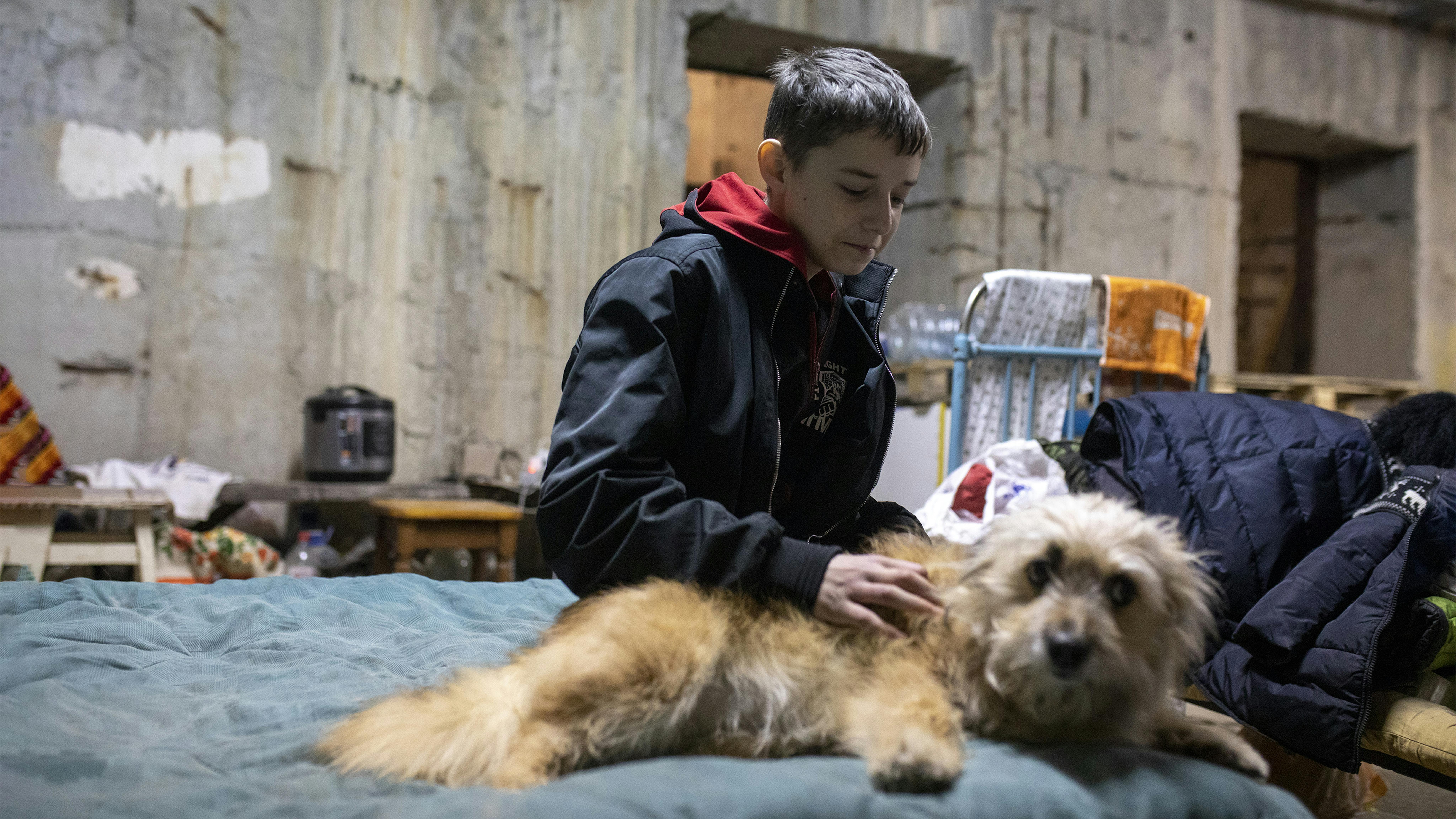 Un ragazzo gioca con un cane nel parcheggio sotterraneo che funge da rifugio antiaereo per le famiglie.