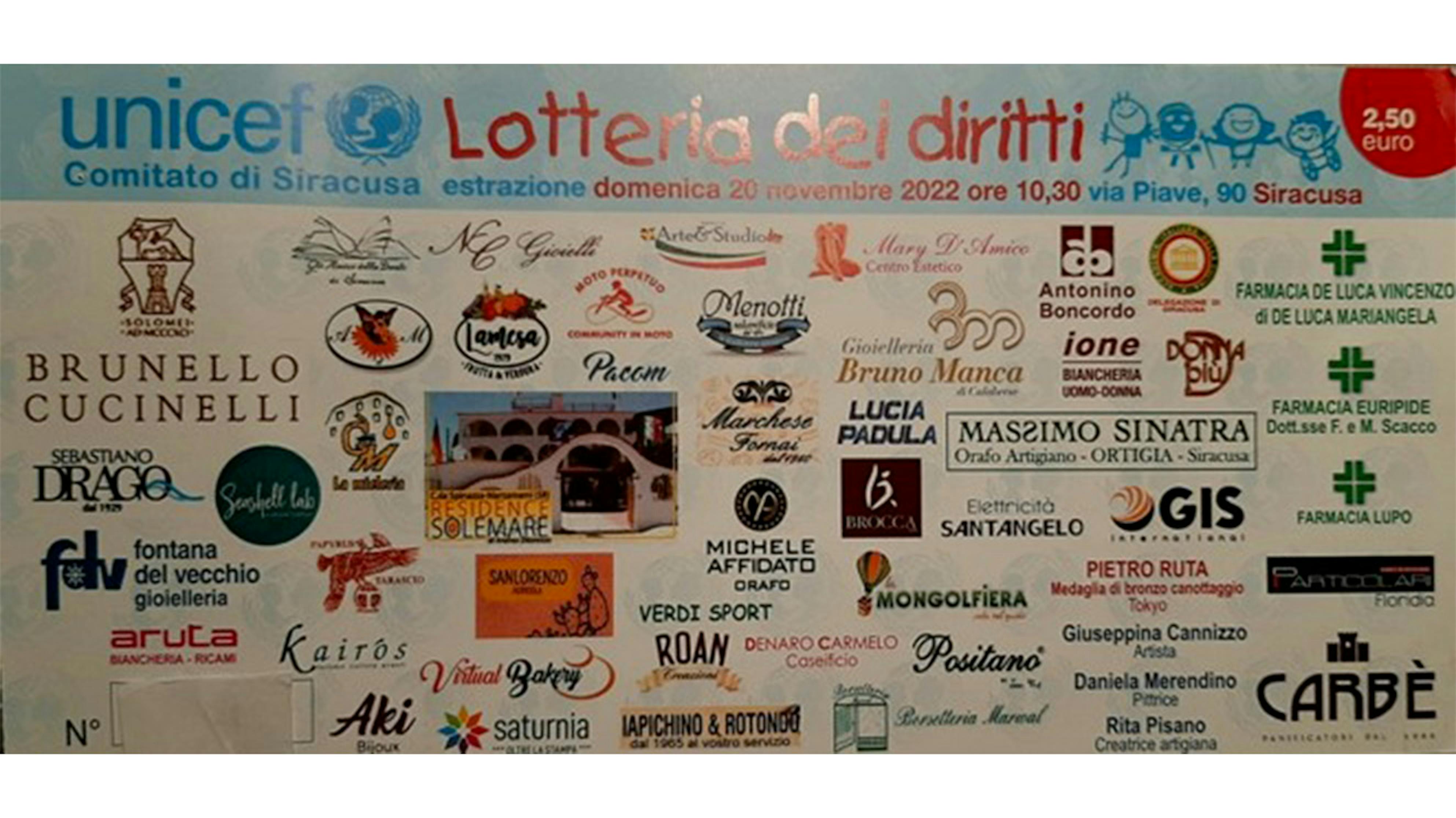 Il manifesto della lotteria dei diritti  di Siracusa organizzata dall'UNICEF