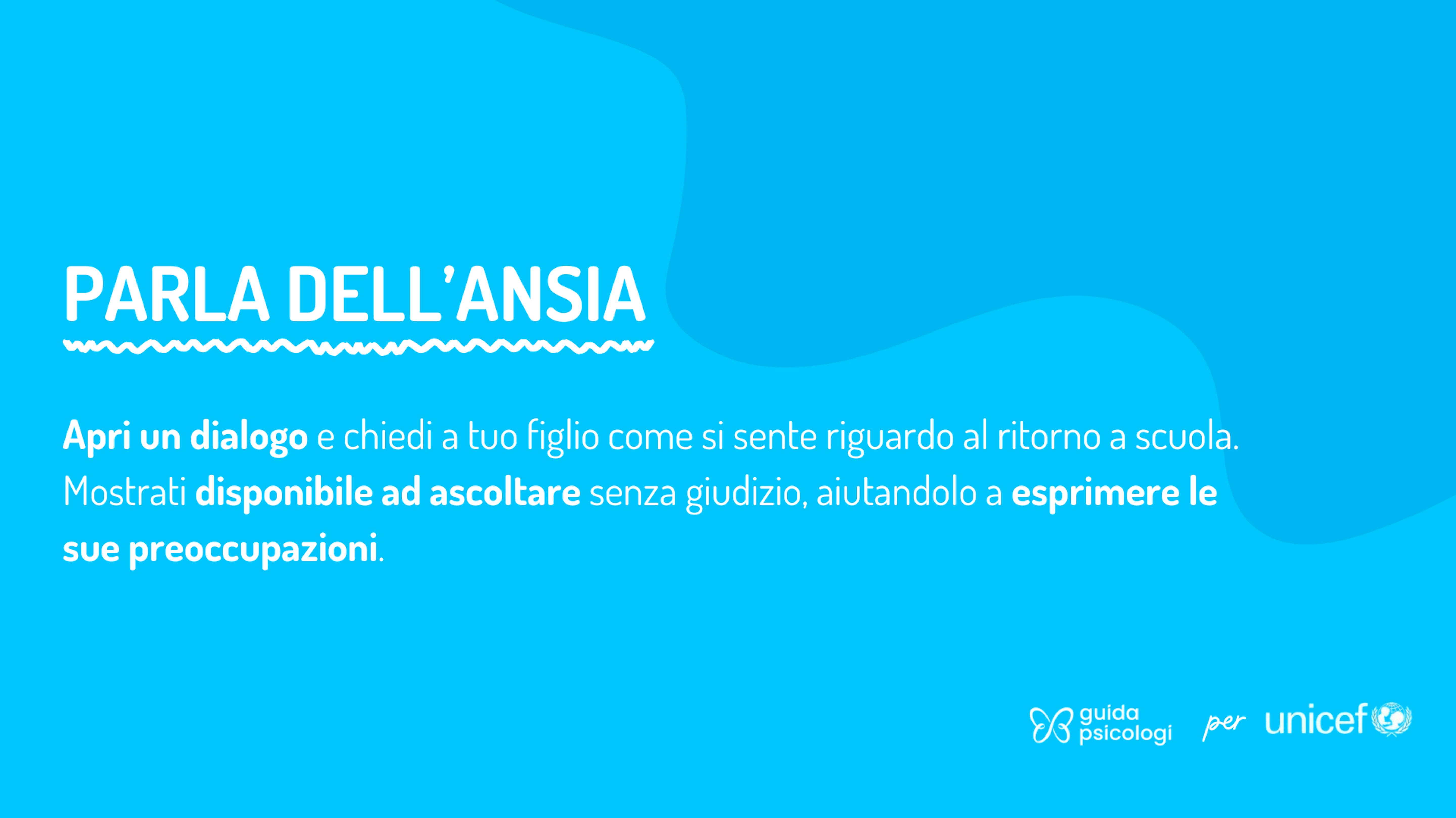 Parla dell'ansia. Apri un dialogo e chiedi a tuo figlio come si sente riguardo al ritorno a scuola. Mostrati disponibile ad ascoltare senza giudizio, aiutandolo a esprimere le sue preoccupazioni.